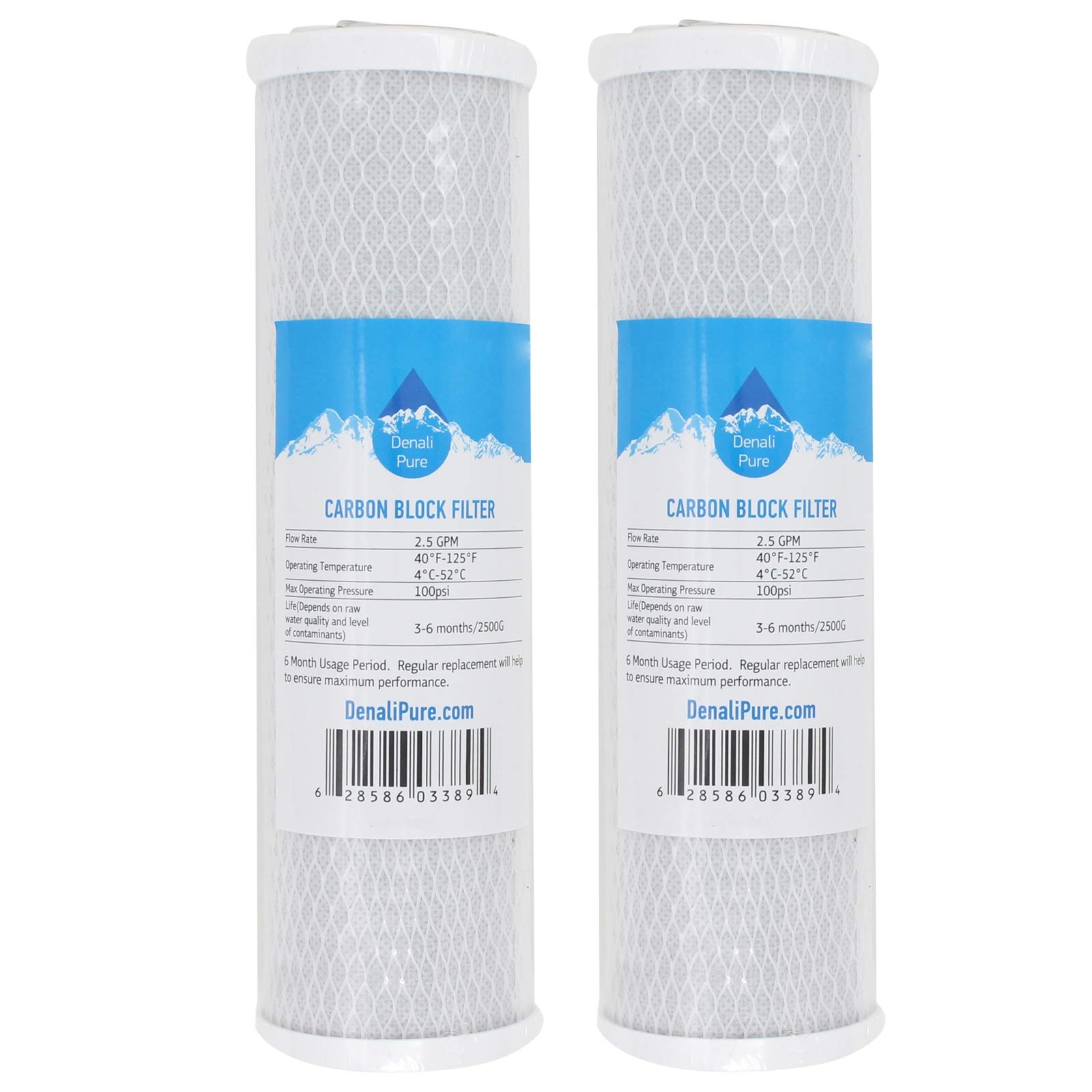 2-Pack CT-SGL1 Replacement Activated Carbon Block Water Filters - 10 Inch Universal Fit for Countertop Single Stage Filtration Systems | Perfect for Home, Office, and RV Use | Denali Pure Brand