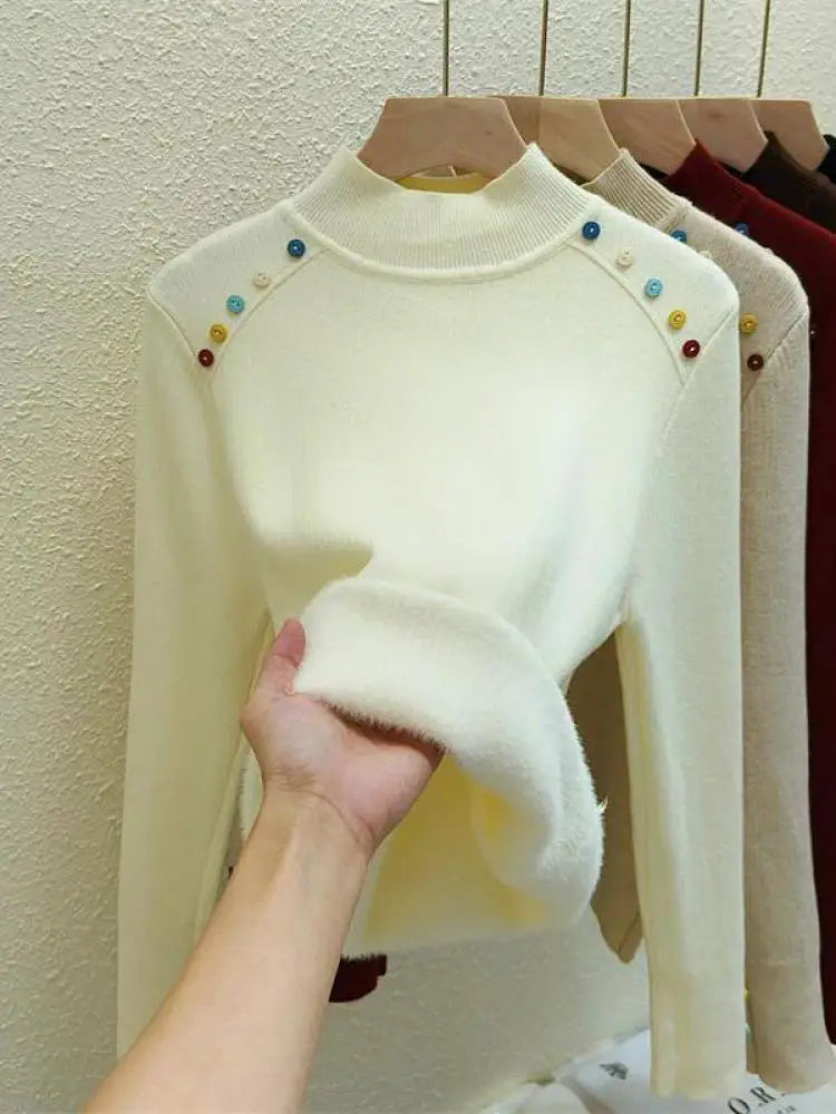 Women's Solid Color Velvet Button Sweater - Korean Fashion Warm Knitwear Long Sleeve Pullover Top for Autumn Winter | Cozy Thick Festival Wear for Holiday Parties & Casual Outings
