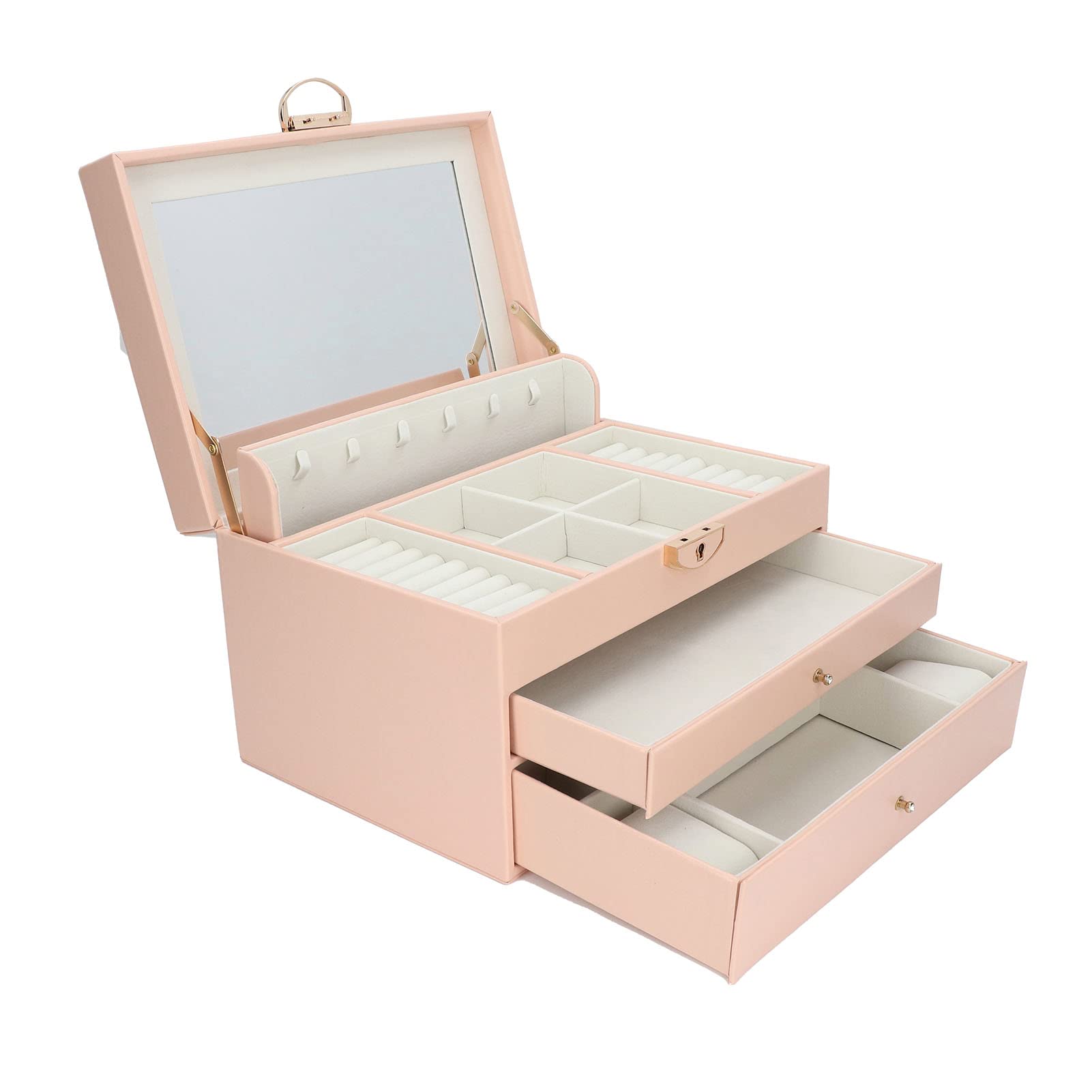 CHICIRIS Large Leather Jewelry Box with Mirror - Portable Travel Jewelry Organizer for Necklaces, Rings, Earrings & Studs - Perfect for Home Storage, Travel & Gift Giving