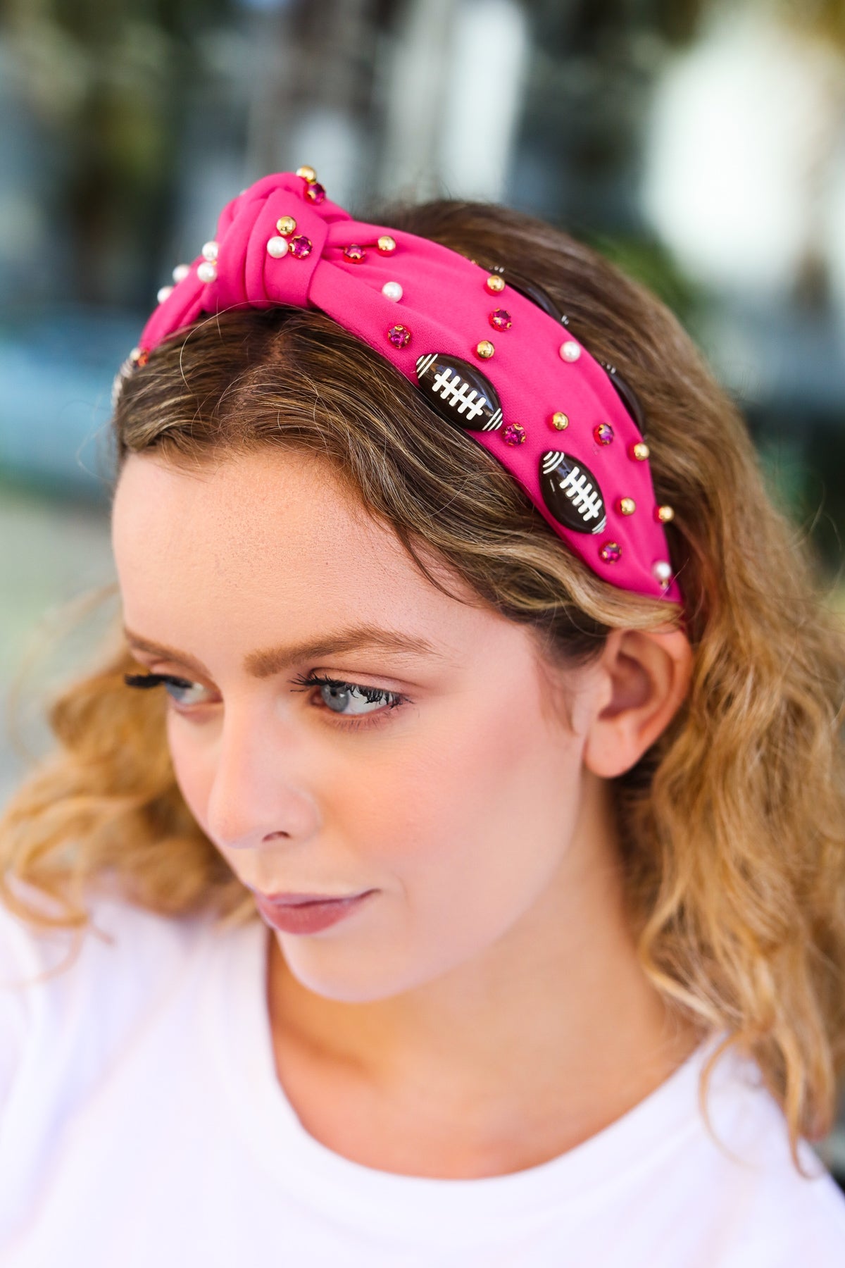 Fuchsia Stone & Gem Embellished Football Top Knot Headband for Women - Stylish Hair Accessory for Sports, Games, and Casual Wear