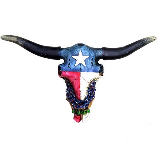 Texas Flag Bluebonnet Flowers Longhorn Steer Skull Resin Wall Art - Rustic Western Home Decor for Living Room, Bar, or Cowboy-Themed Spaces