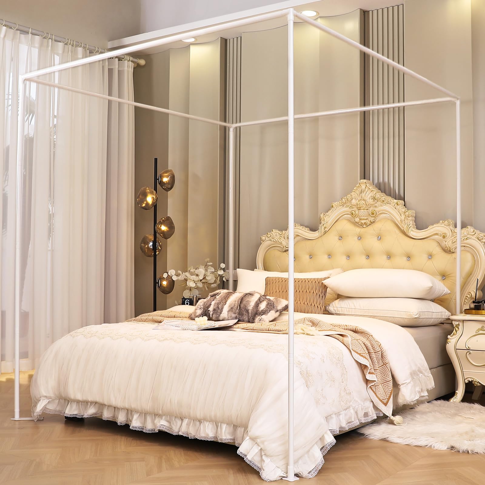 AIKASY Full Size Canopy Bed Frame with Thickened Metal Support Poles - 4 Corner Bed Bracket for Wood/Metal Beds - White Bedroom Decor (Perfect for Romantic Bedrooms & Boho Chic Decor)