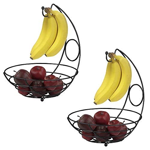 Sturdy Black Fruit Bowl Basket with Banana Tree Holder - Durable Kitchen Storage Basket for Fruits & Vegetables - Perfect for Countertop, Pantry, and Dining Table Organization (2-Pack)