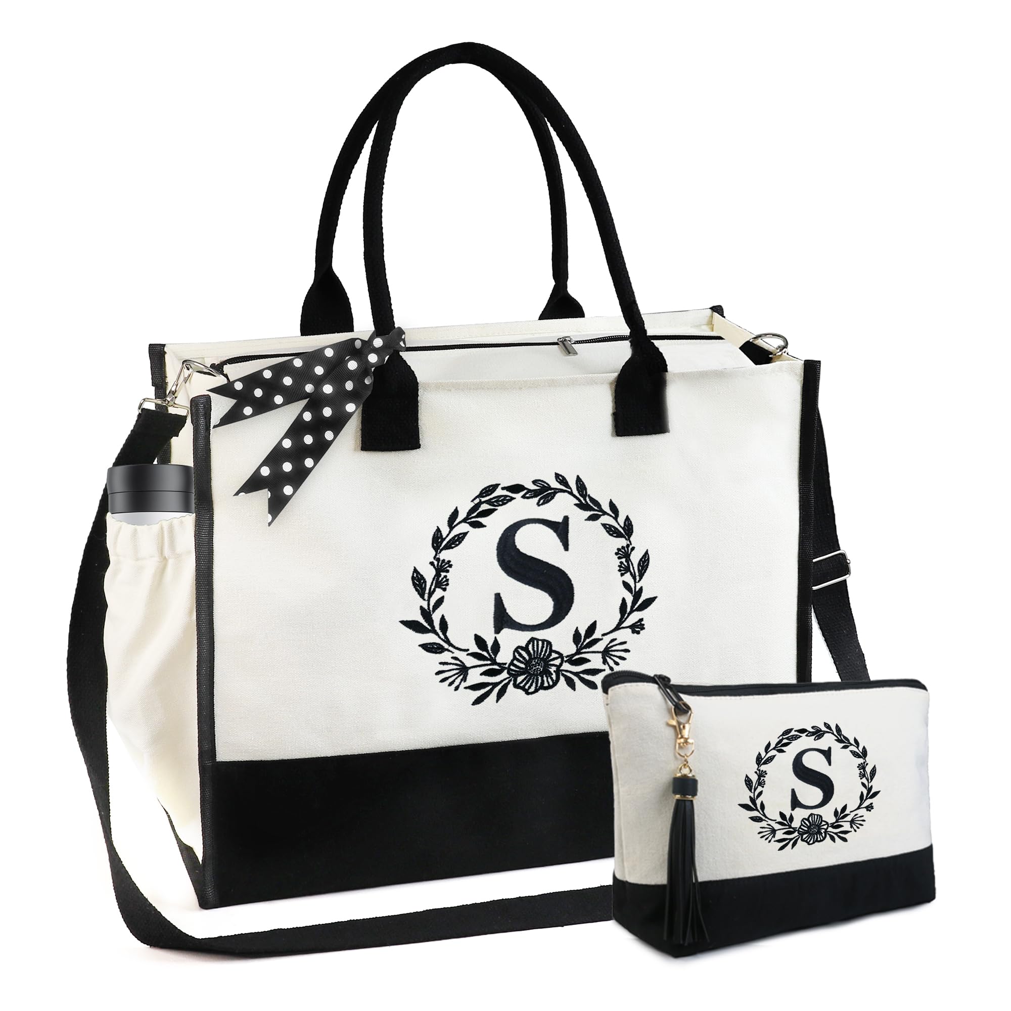 Personalized Initial Tote Bag for Women - Large Canvas Tote with Zipper & Shoulder Straps - Monogrammed Gift for Mom, Coworker, Teacher - Includes Makeup Pouch - Perfect for Work, Travel & Shopping (Letter S)