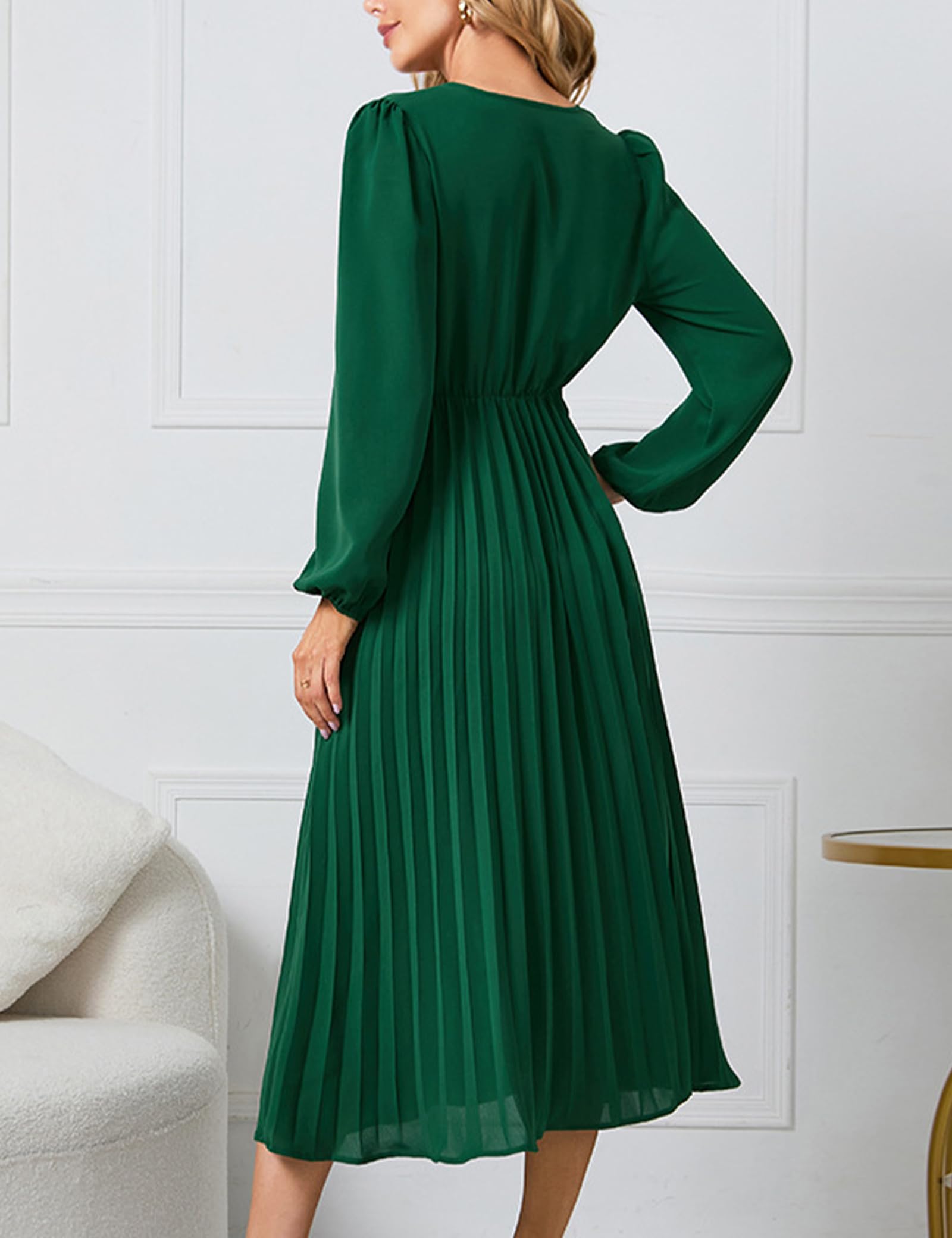 SDEER Women's Casual Midi Dress - V Neck Long Sleeve Pleated High Waist Wedding Guest Dress for Women | Perfect for Weddings, Parties & Office Wear