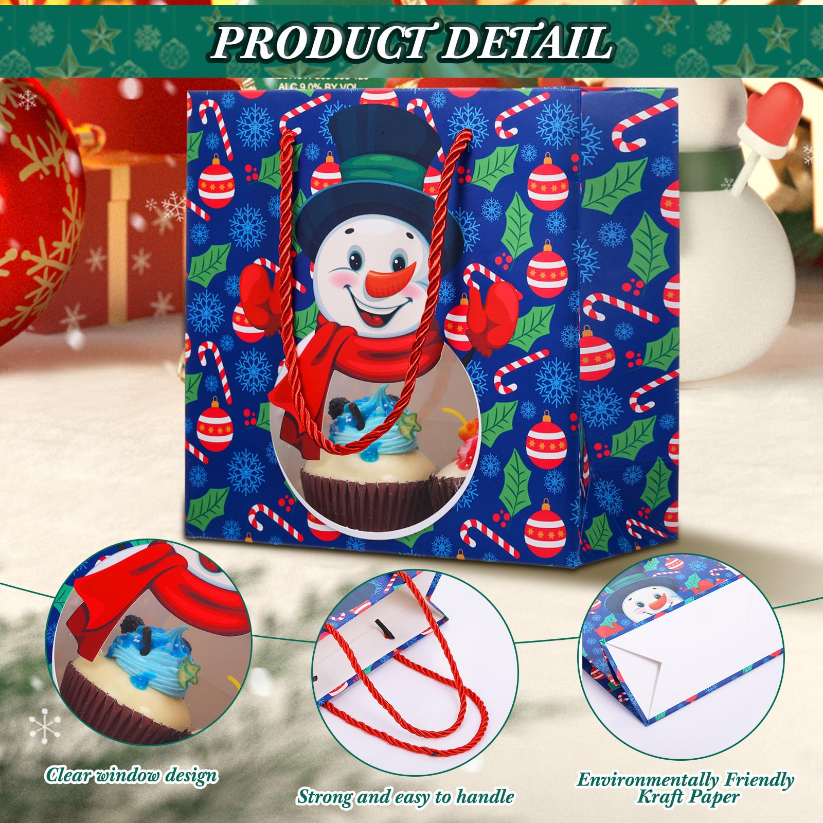 24 Pcs Christmas Gift Bags with Clear Window - 7.9x7.9x3.5 Inch Holiday Treat Bags - 6 Festive Designs for Cookies, Candies & Party Favors - Perfect for Xmas Gifting, Cookie Exchanges & Holiday Parties