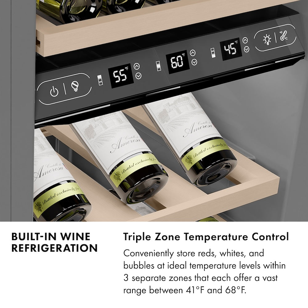 ZLINE Autograph Edition 24 Inch 12.4 Cu Ft Triple Zone 100 Bottle Stainless Steel Wine Cooler with Polished Gold Accents - Perfect for Home Bars, Wine Cellars & Entertaining (RCWVZ 304 24 G)
