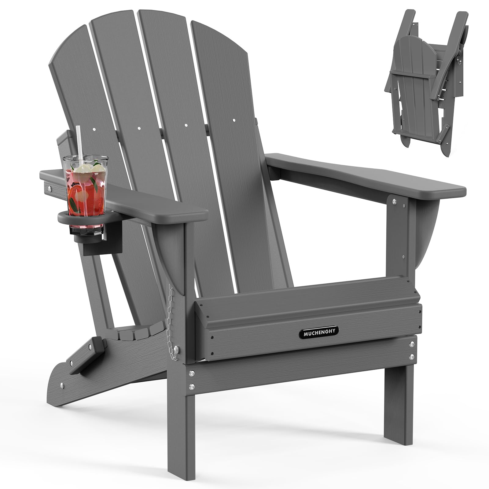 MUCHENGHY Folding Adirondack Chairs - Heavy Duty HDPE Weather-Resistant Outdoor Patio Chairs for Firepit, Lawn, Garden & Poolside - 380lb Weight Capacity, 15-Minute Assembly, Gray - Perfect for Backyard Relaxation and Camping