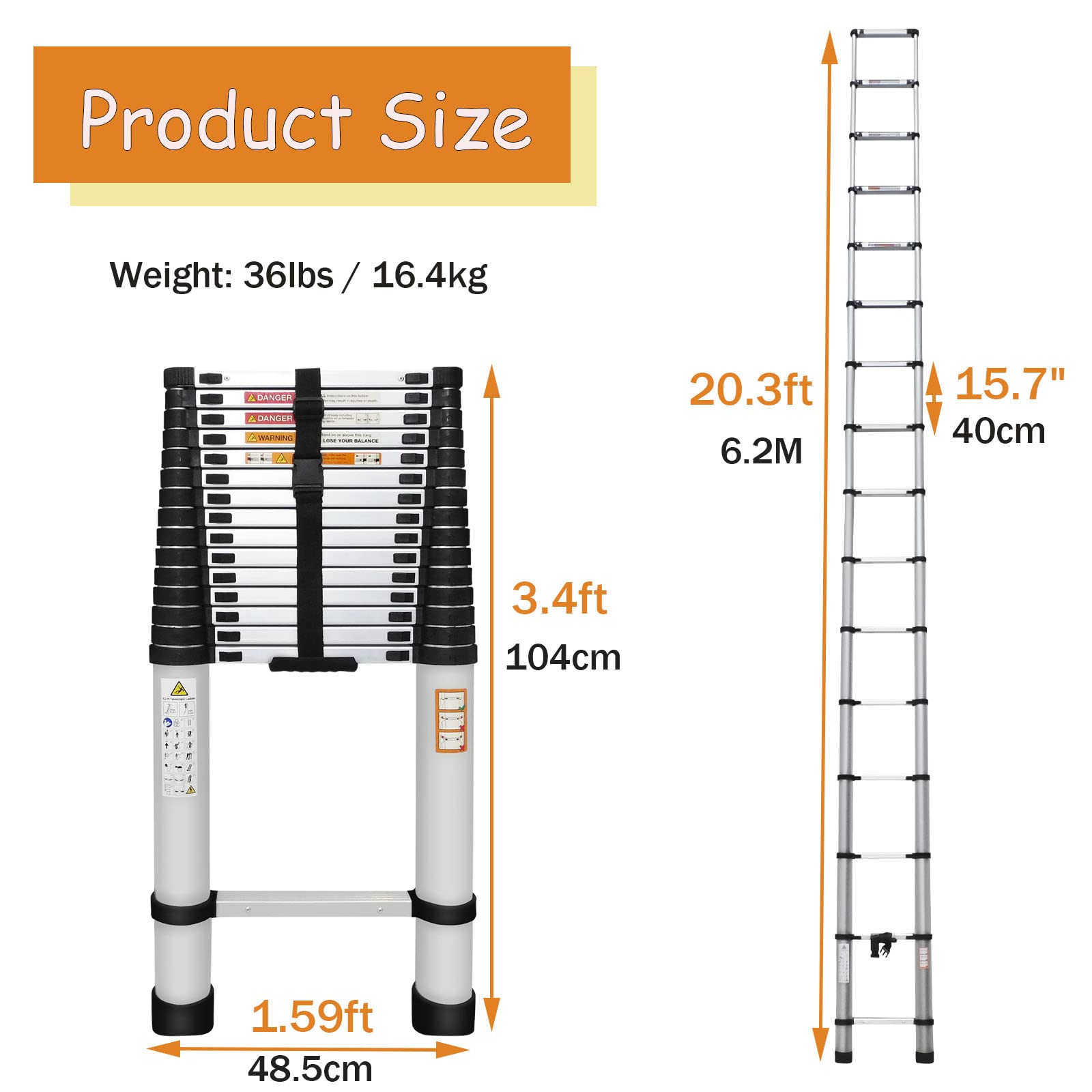 20.3ft Aluminum Telescoping Ladder - Lightweight Portable Extension Ladder with 2 Detachable Hooks, 330lbs Load Capacity EN131 Certified - Perfect for Home, Office, Attic, Roof Work & Outdoor Projects - Folded Height 3.4ft for Easy Storage