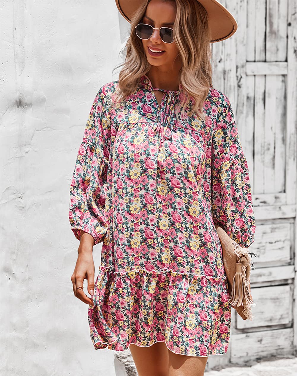 Women's Long Sleeve Boho Floral Dress - V Neck Casual Flowy Maxi Dress for Beach, Vacation & Everyday Wear | Plus Size Options Available
