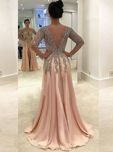 Elegant Long Sleeve Deep V Neck Beaded Evening Gown with Side Slit - Formal Prom Dress for Women (Style 17628) | Perfect for Homecoming, Gala, Wedding & Special Occasions