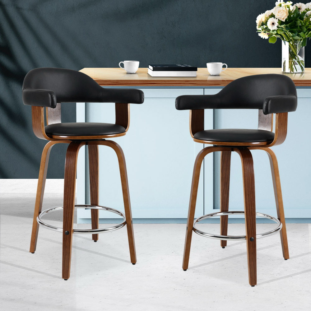 Premium Two Bar Stools with Genuine Leather Seat & Solid Wood Legs - Perfect for Kitchen Island, Home Bar, and Dining Room Decor