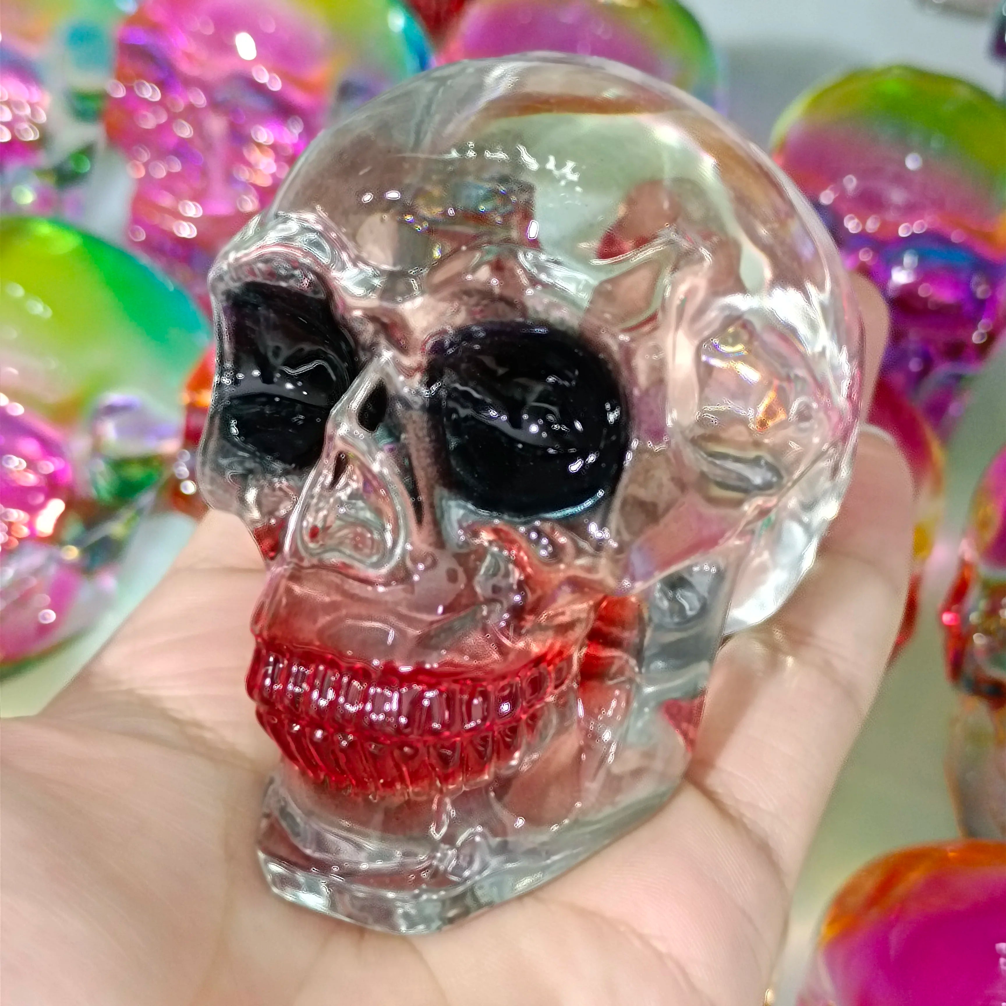 7-8cm Natural Aura Quartz Crystal Skull Carving - Handcrafted Mineral Decor for Home, Halloween, Meditation & Spiritual Healing