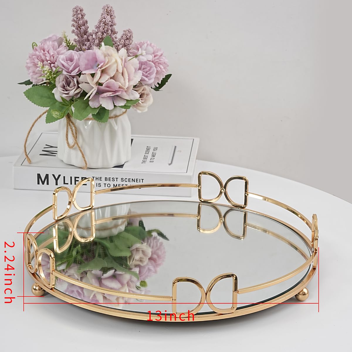 Round Metal Mirror Vanity Tray - Gold Cosmetic & Perfume Organizer for Dresser, Bathroom, Bedroom Countertop - Perfect for Makeup Storage, Jewelry Display & Bath Essentials (13×13 Inches)