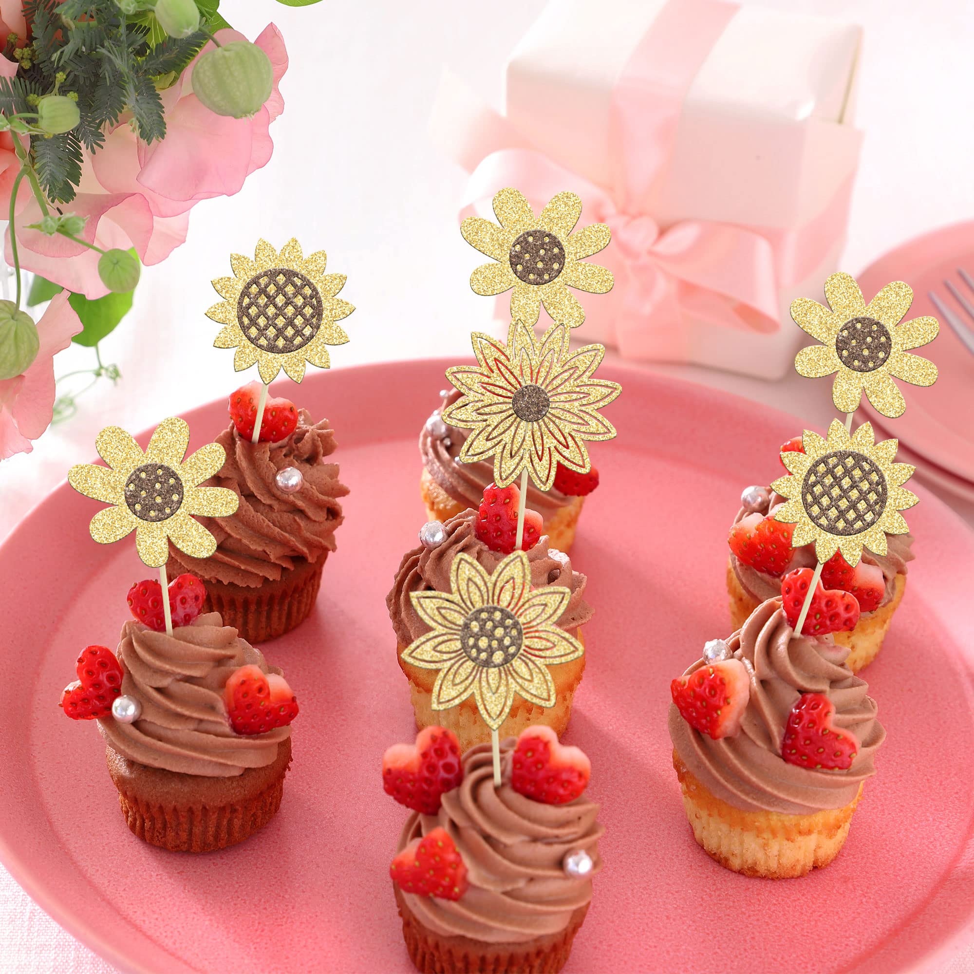 24 Pack Glitter Sunflower Cupcake Toppers - Sunflower Cupcake Picks Decorations for Baby Shower, Birthday Party, Summer Theme (Boys, Girls, Kids) - Perfect for Cake Decorating Supplies & Dessert Table Displays