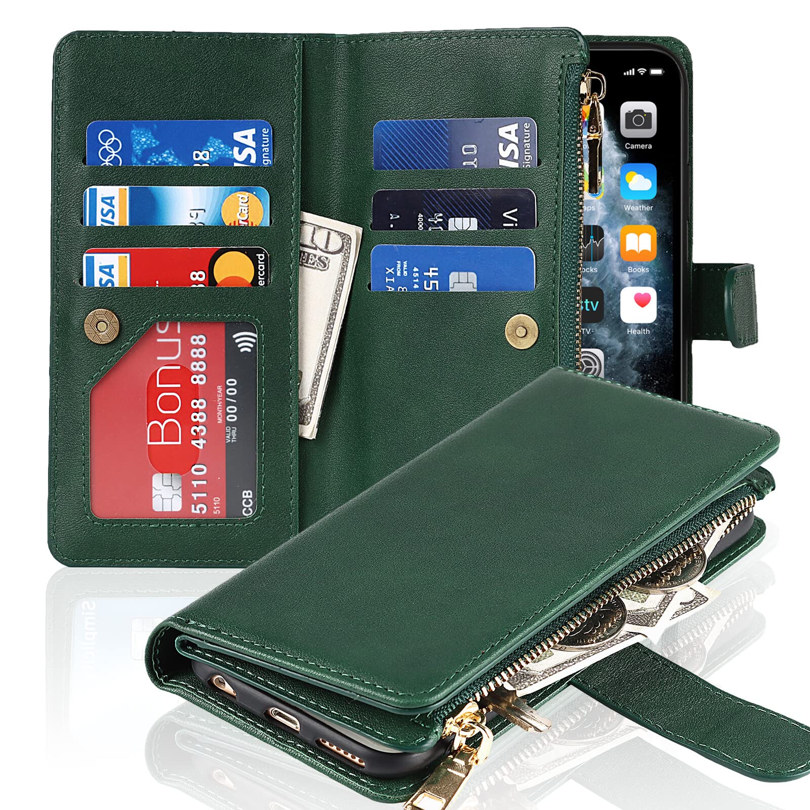 Havaya iPhone 12/12 Pro Wallet Case with Card Holder & Wrist Strap - Slim Flip Cover with Credit Card Slots, Zipper Closure - Perfect for Women's Everyday Use (Green) - Ideal for Shopping, Travel & Hands-Free Convenience