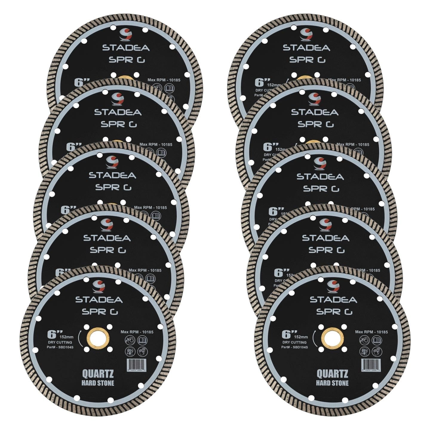 Stadea SBD124S 6-Inch Diamond Saw Blade for Angle Grinder - Continuous Turbo Rim for Dry Cutting Granite, Marble, Hard Stone - 8mm Segments (Pack of 10) - Perfect for Tile, Masonry & Concrete Cutting Projects