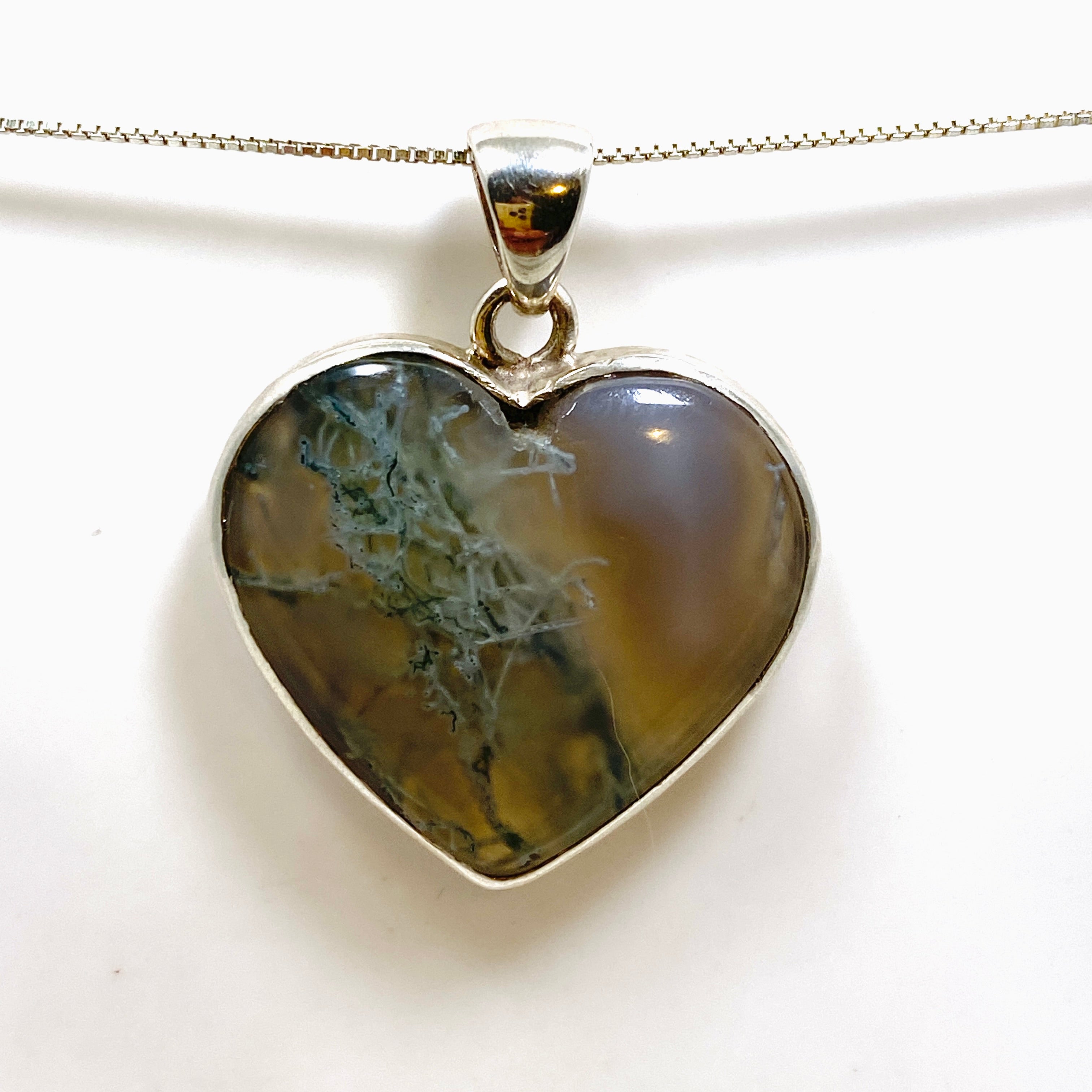 Natural Moss Agate Heart Cabochon Pendant in Hammered Sterling Silver Setting KPGJ4703 - Perfect for Jewelry Making, Gifts & Spiritual Healing