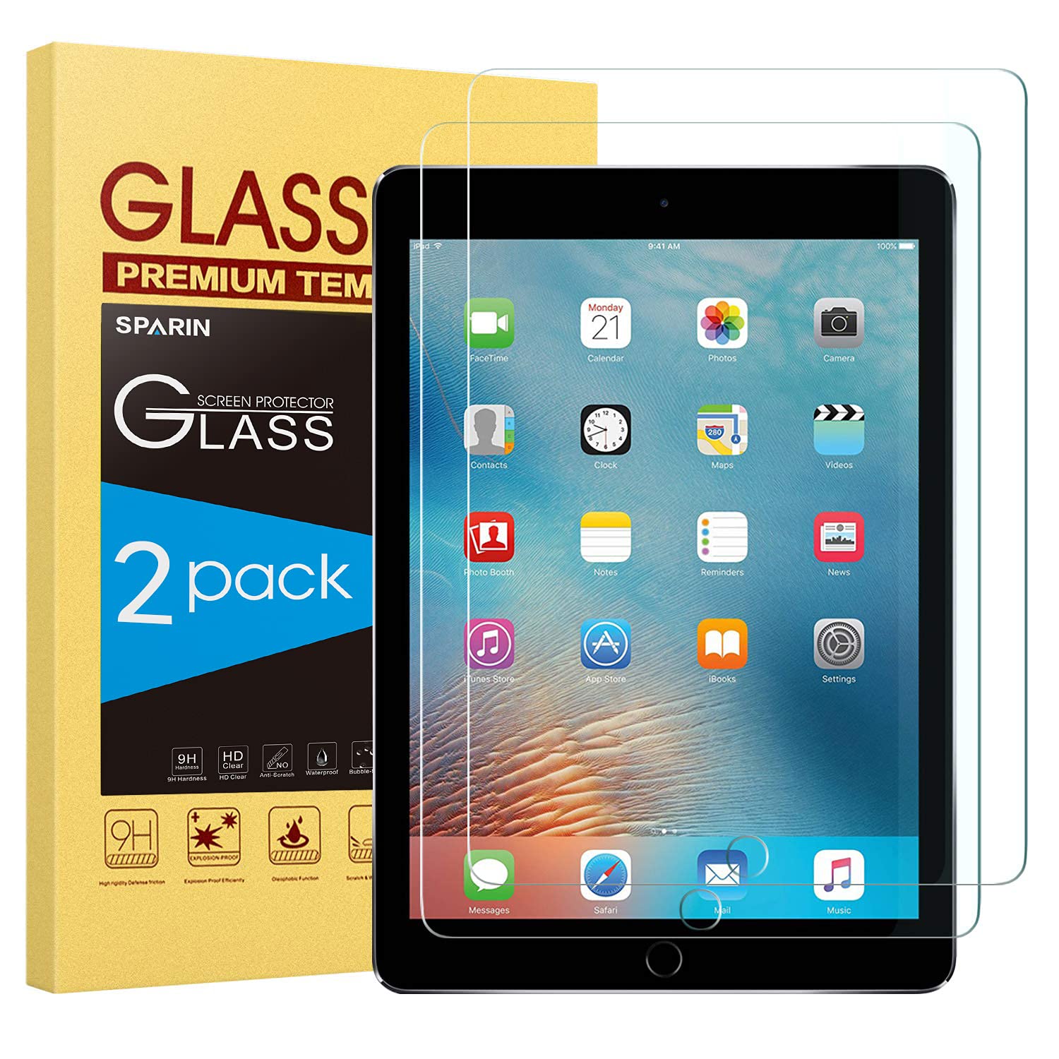 SPARIN 2 Pack Tempered Glass Screen Protector for iPad 6th/5th Gen & iPad Air 2 (9.7 Inch) - Apple Pencil Compatible - Anti-Scratch, Bubble-Free Installation - Perfect for Work, Study & Drawing
