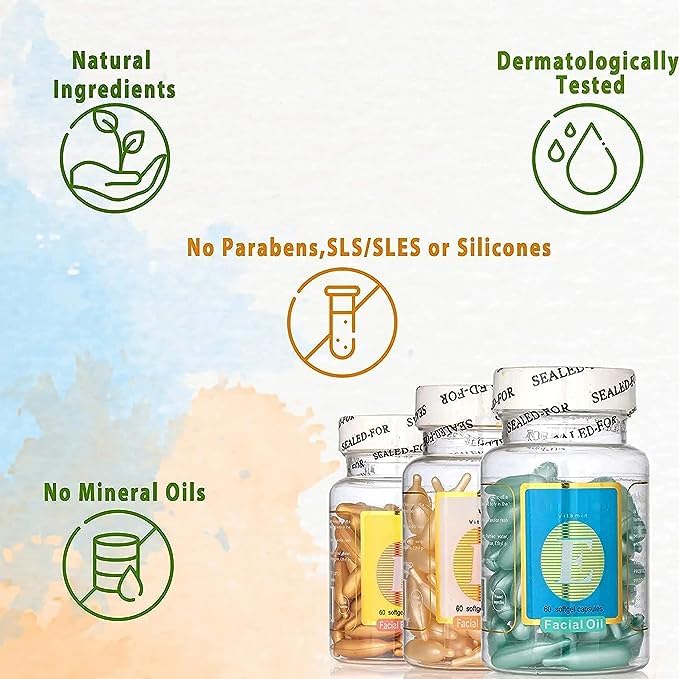 ELIIOUS Vitamin E Facial Essence Soft Gel Capsules 60 Pcs - Hydrating & Anti-Aging Skin Care for Dry & Sensitive Skin - Perfect for Night Routine & Travel Skincare