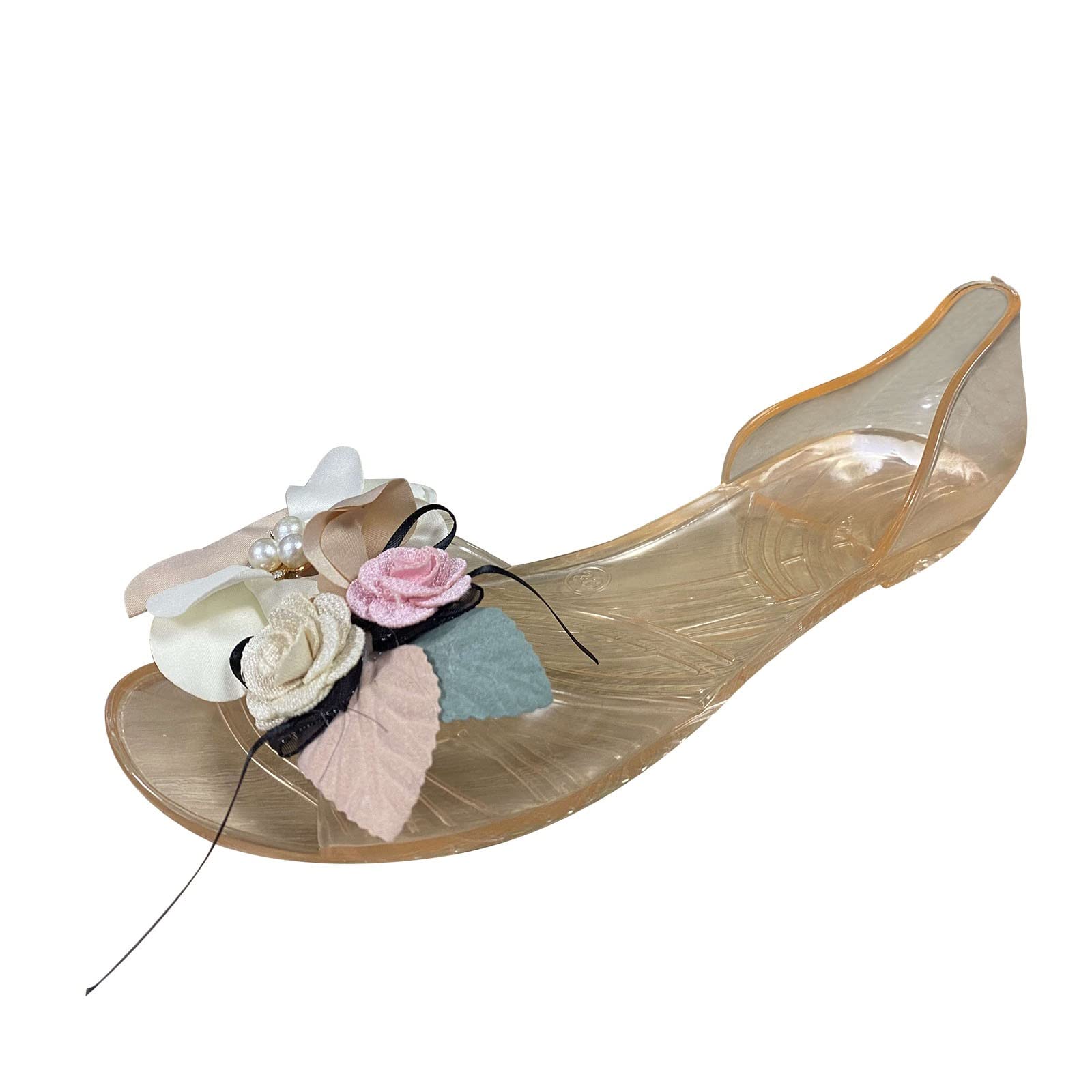 Women's Casual Transparent Pearl Flower Slides - Soft Flat Sole Slippers for Home, Beach & Lounge - Comfortable House Shoes in Beige (Size 9) | Hush Puppy Style Fashion Slippers