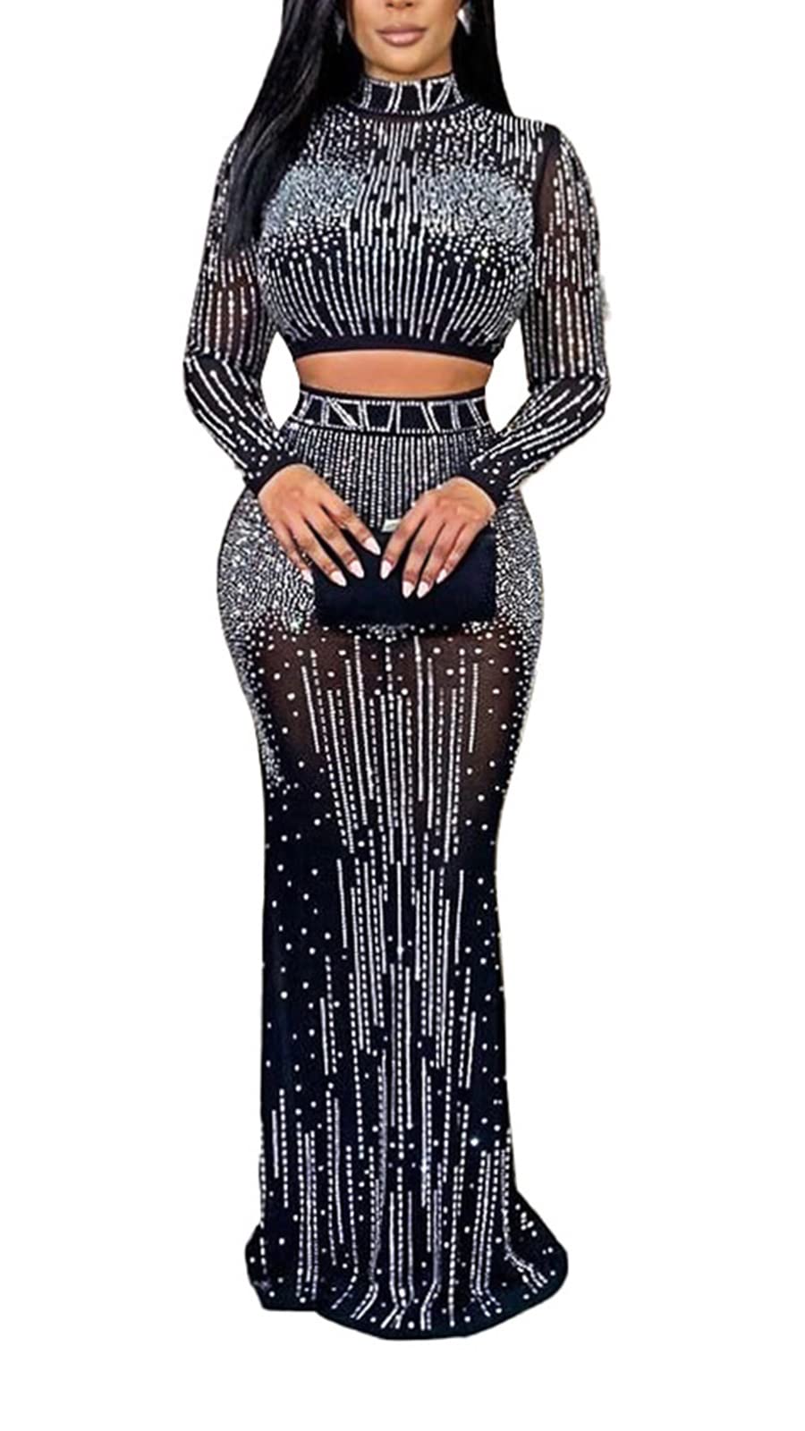 DINGANG Women's 2 Piece Elegant Shiny Maxi Dress Set - Sexy Bodycon Evening Gown for Party, Wedding, Prom & Special Occasions