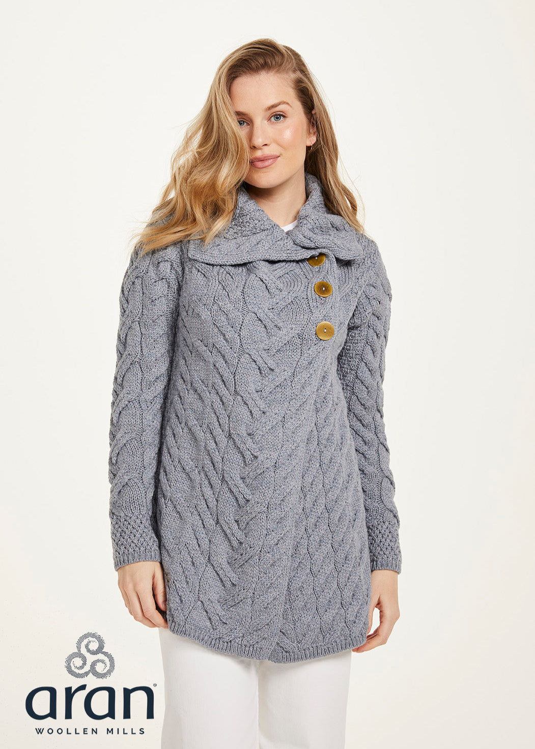 Aran 3 Button Longline Cardigan for Women - Soft Knit Oversized Sweater | Ocean Grey | Perfect for Fall Layering & Cozy Winter Outfits