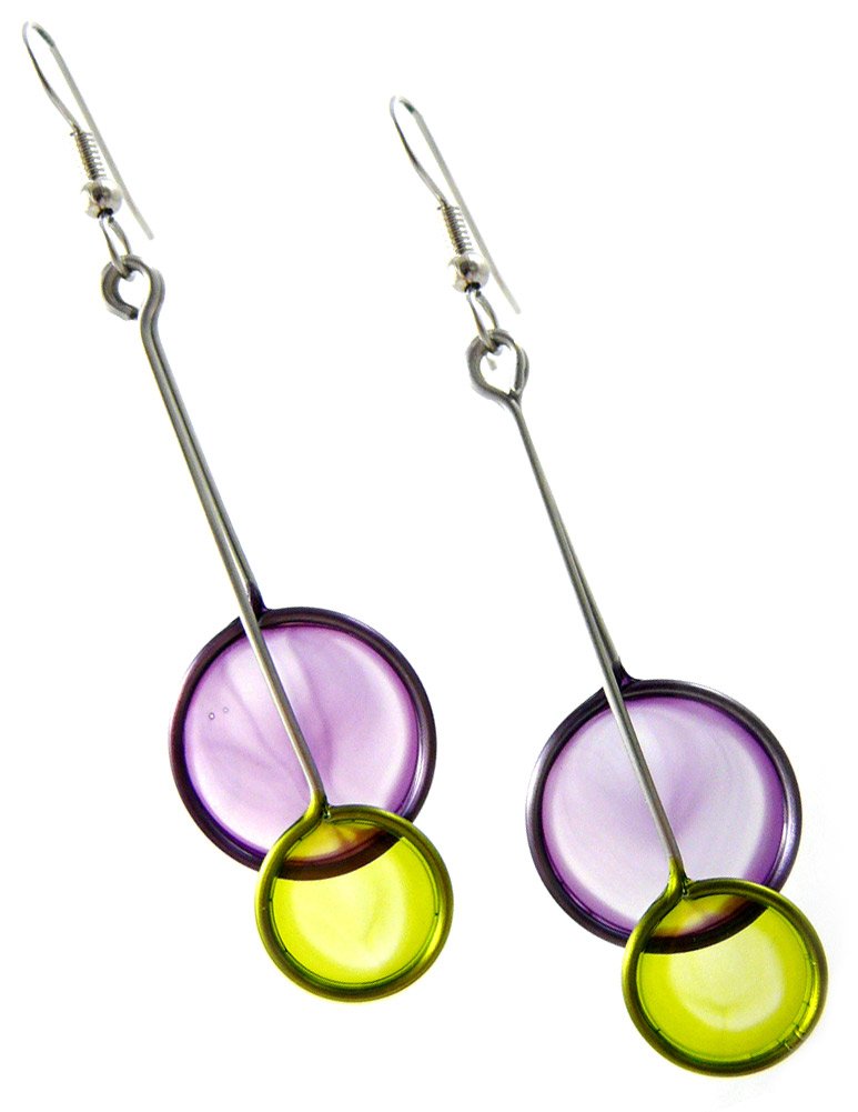 Kinetic Sculpture Inspired Stainless Steel Art Earrings | Purple Green Eclipse Design | Perfect for Evening Events & Artistic Fashion
