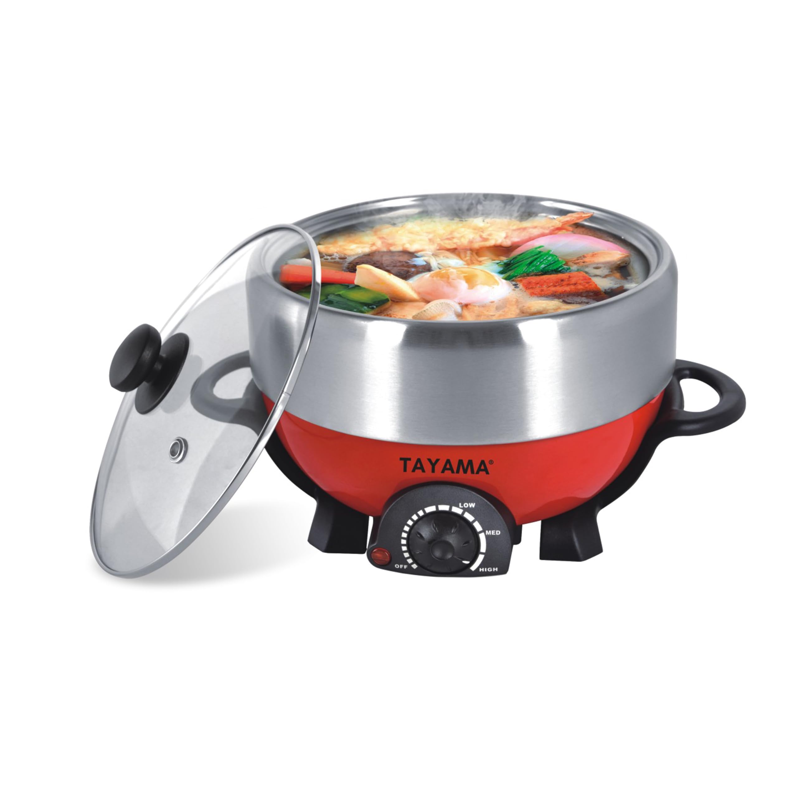 Tayama TRMC-40RS 3Qt Red Electric Multi-Cooker with Stainless Steel Pot - Shabu Shabu, Hot Pot, Grill & More for Home Cooking & Party Entertaining