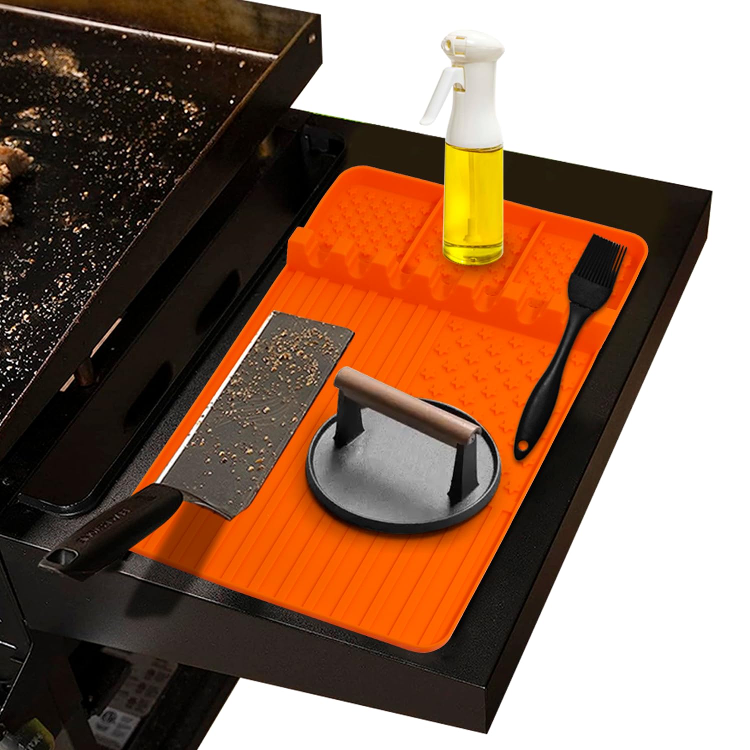 2PCS Heat-Resistant Silicone Griddle Tools Mat for Blackstone Grill - Non-Slip Spatula Holder with Drip Pad, Perfect for Kitchen Countertops, Outdoor Cooking & BBQ Accessories (Orange) - Ideal for Grilling, Camping & Backyard Parties