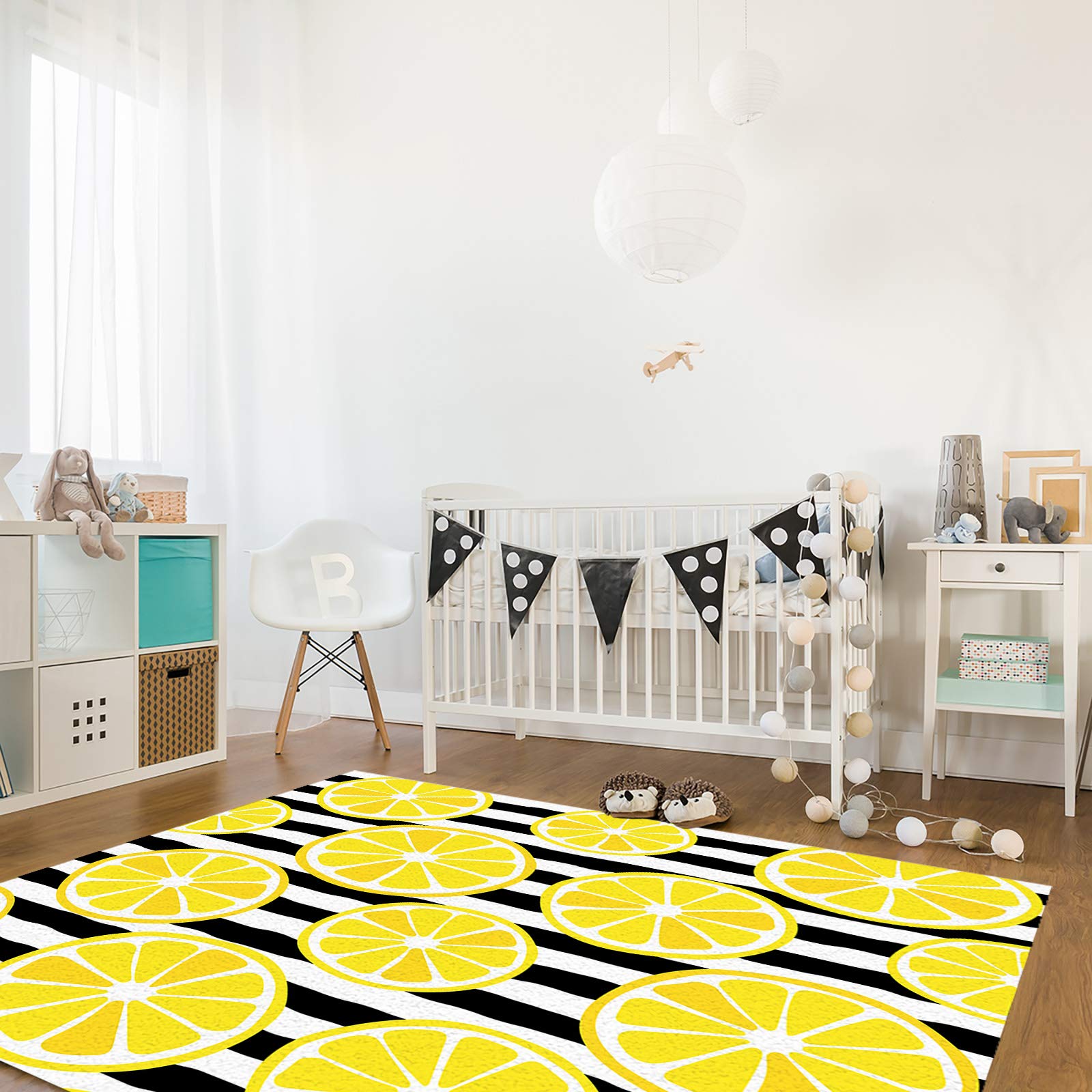 4x6ft Large Non-Slip Area Rug - Tropical Lemon Slices Summer Fruit Design for Living Room, Bedroom, Hallway - Indoor/Outdoor Decor Rug in Black & White Stripes | Perfect for Home, Nursery, and Patio Use