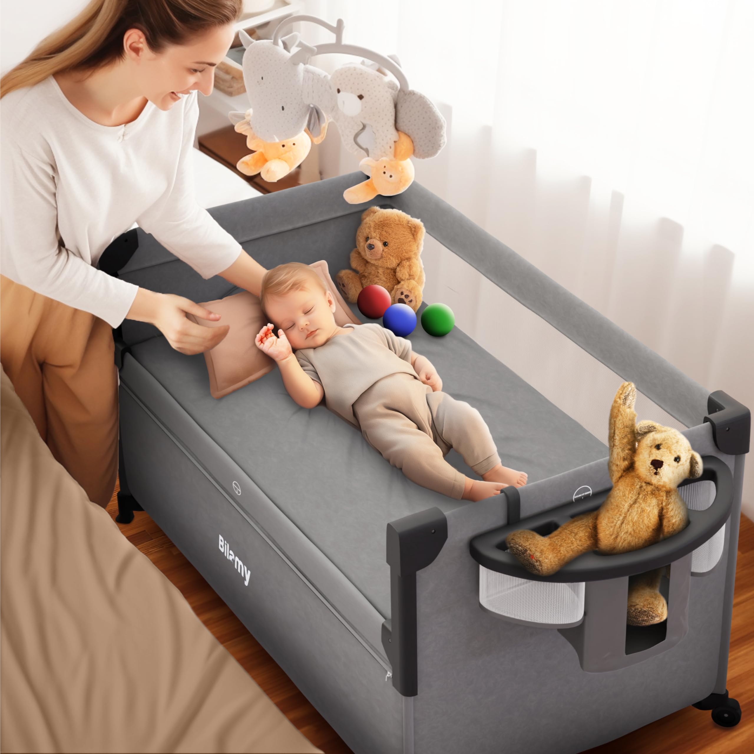 BILAMY® 5-in-1 Baby Bassinet Bedside Sleeper with Changing Table, Travel Bed, Pack n Play, Sunshade & Mosquito Net | Portable Crib for Newborns & Infants | Nursery, Bedroom & Travel Essential (2025 Model)
