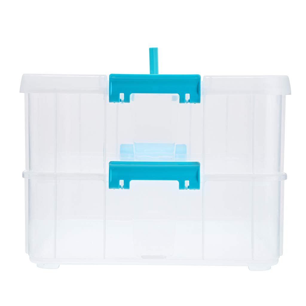 BTSKY 2 Layer Stackable Plastic Storage Box with Handle - Portable Organizer for Stationery, Art Supplies, Jewelry & Beauty Products - Perfect for Home, Office & Craft Room Organization (Blue)
