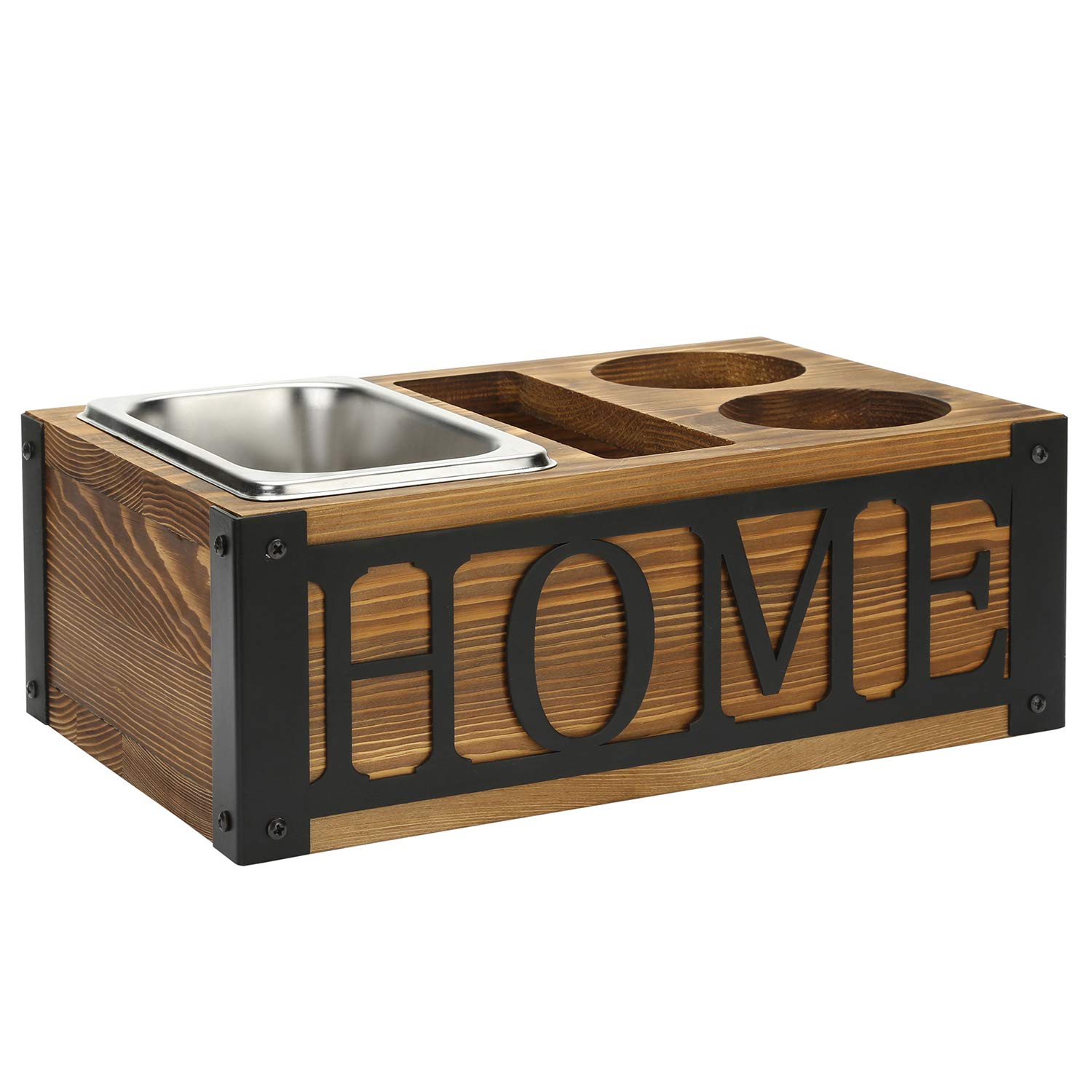 Rustic Burnt Wooden Snack Tray Caddy - Drink Holder & Coffee Table Organizer with Black Metal Lettering - Perfect for TV Snacks, Remote Control Storage, and Living Room Decor