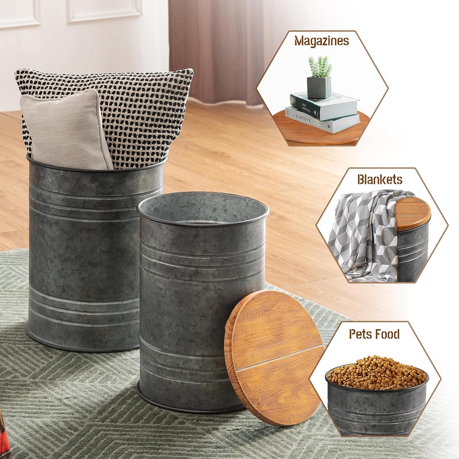Glitzhome 2-Piece Farmhouse Nesting Tables with Storage Lids - Rustic Metal Barrel Side Tables for Living Room, Bedroom, Office - Grey | Space-Saving End Tables for Small Spaces & Home Decor