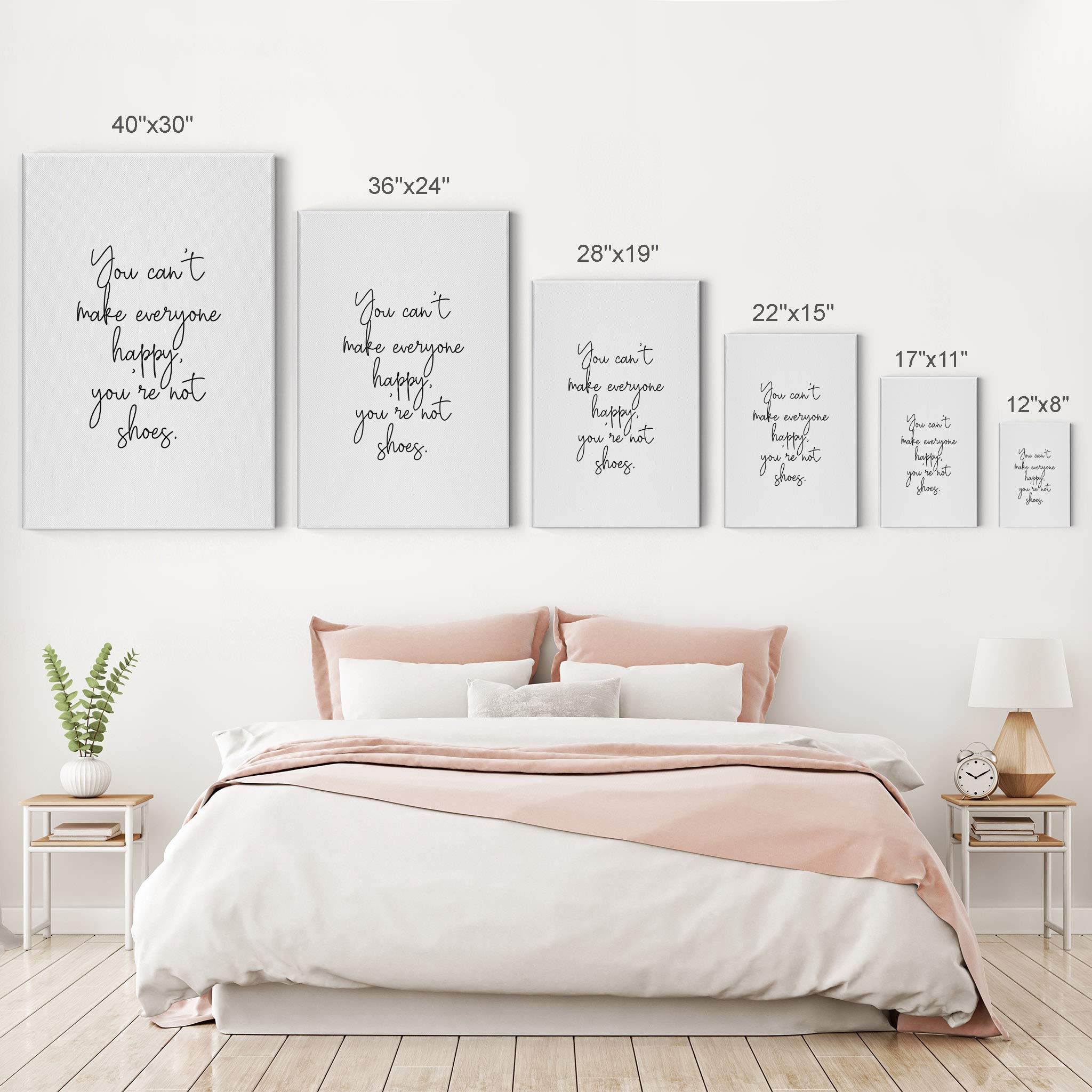 Smile Art Design - 'You Can’t Make Everyone Happy, You’re Not Shoes' Minimalist Hand Lettering Canvas Wall Art - Glam Fashion Decor for Girls Room, Women's Dorm, Bedroom & Living Room - Ready to Hang 36x24 - Perfect for Home Office Inspiration & Motivational Gift
