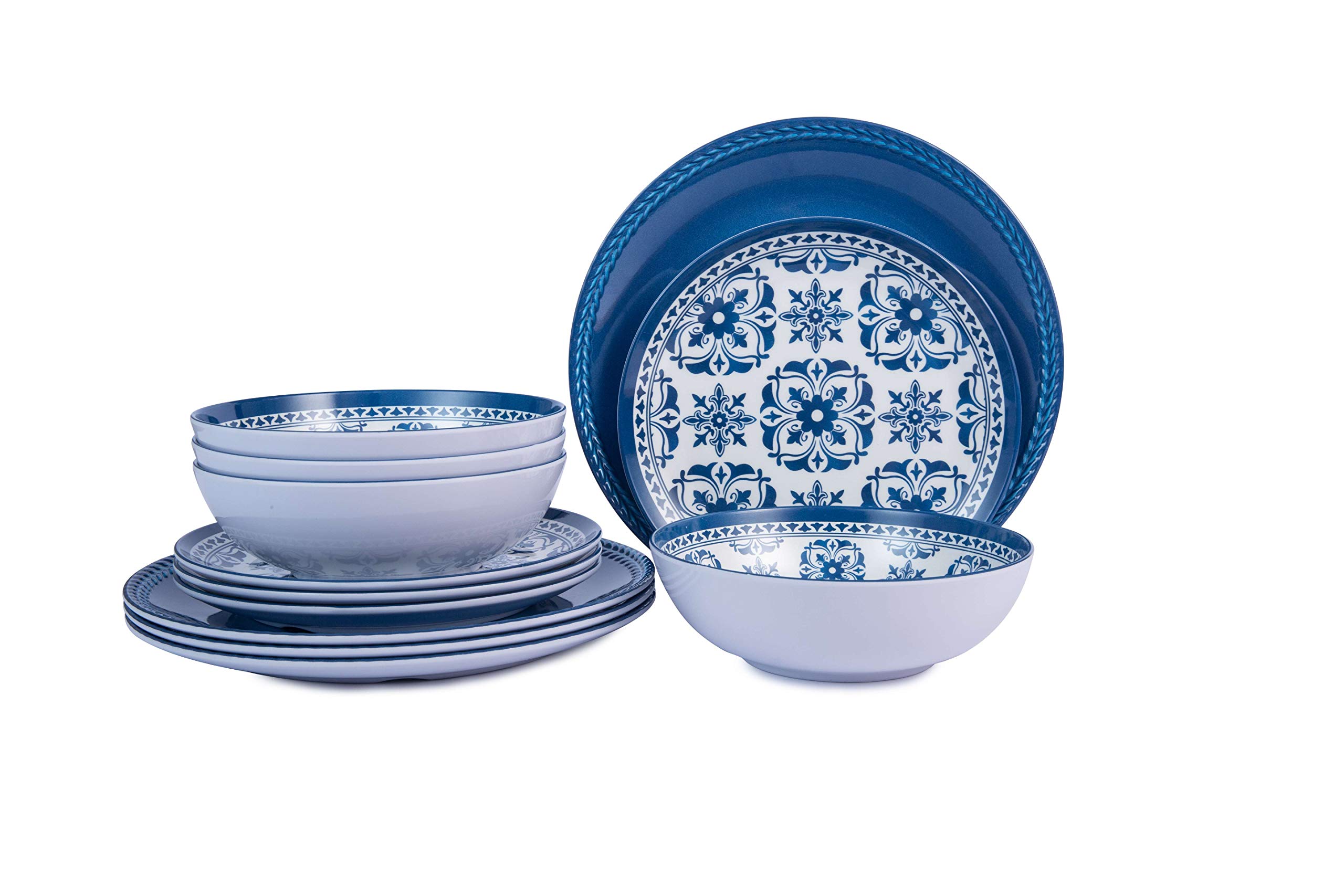 12-Piece Melamine Dinnerware Set - Durable Plates & Bowls for 4 People, Dishwasher Safe Blue Floral Design - Perfect for Outdoor Picnics, Indoor Dining, and Camping Trips