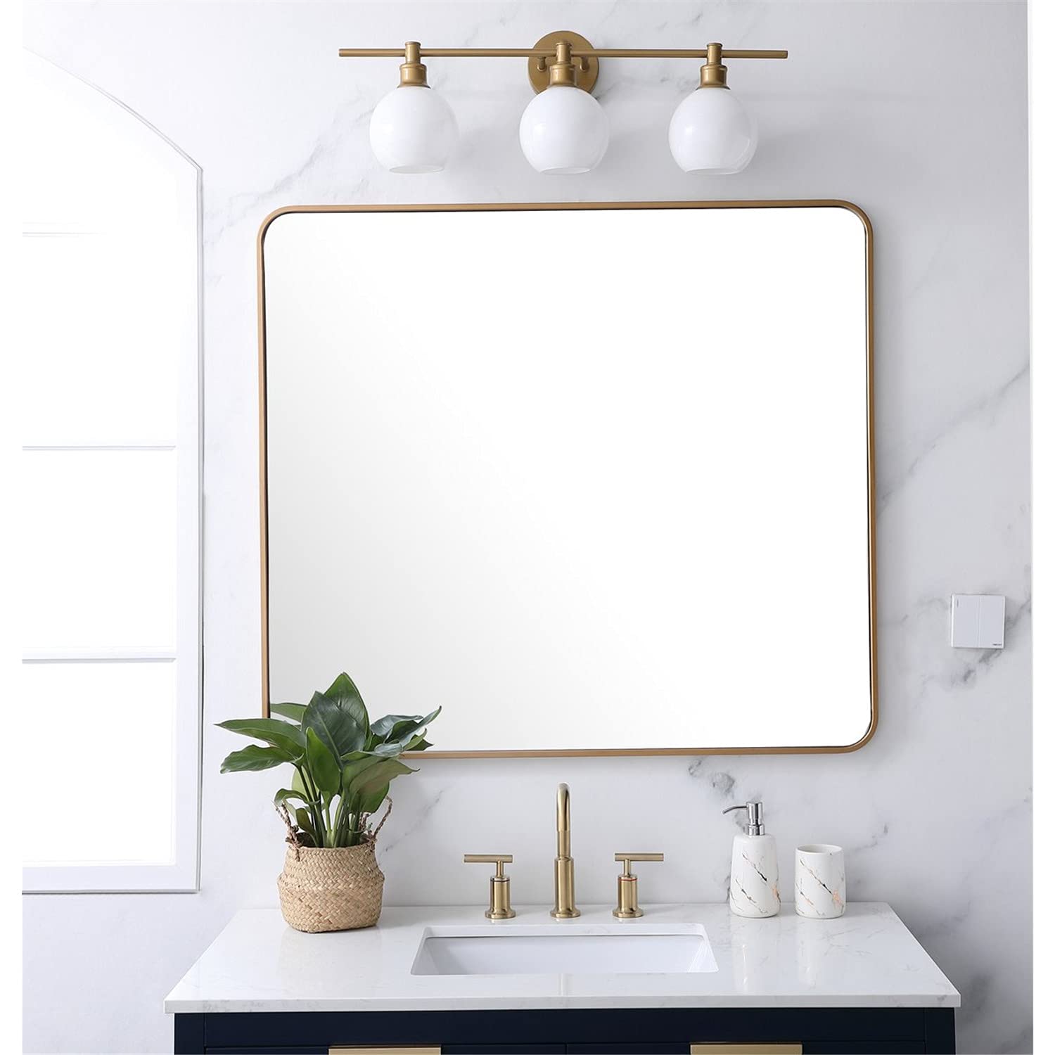 Elegant Brass Rectangular Mirror 36x40 - Home Decor & Bathroom
