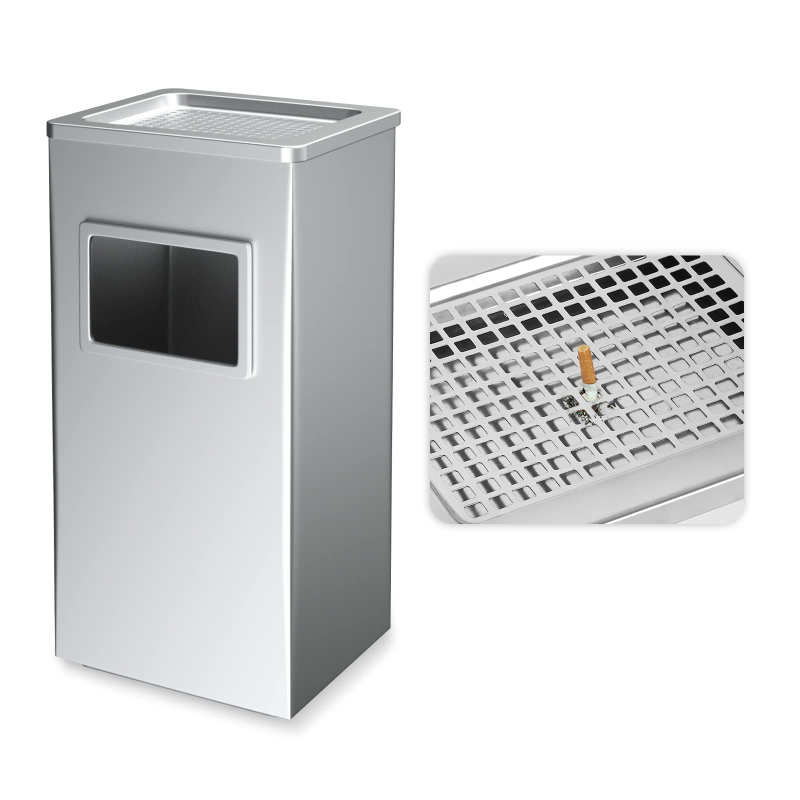BEAMNOVA Stainless Steel Trash Can with Lid - 31x25x61cm Indoor Outdoor Commercial Garbage Bin for Kitchen, Office, Restaurant & Industrial Use - Durable Metal Waste Container (Metallic Color)