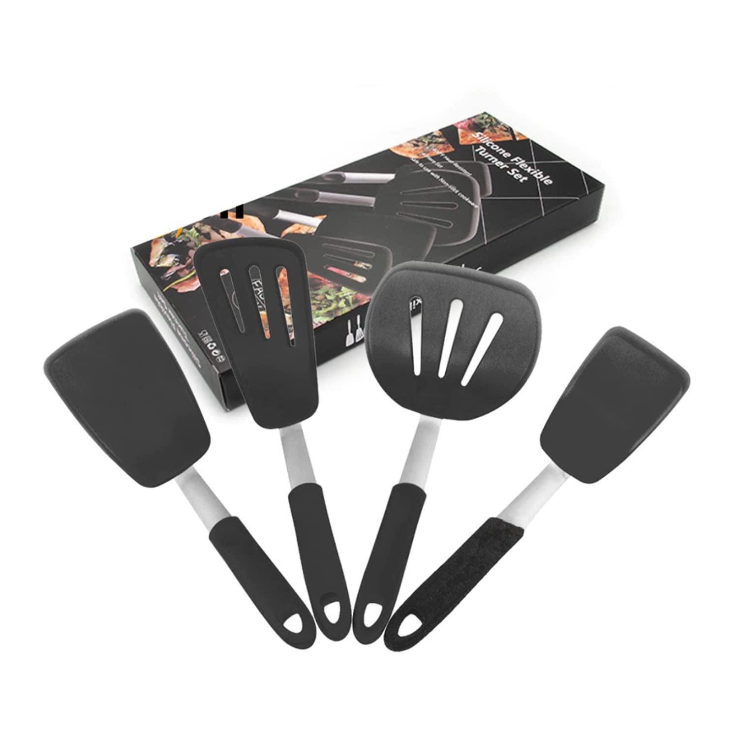 WALLFARM Premium Silicone Spatula Set - 4-Piece Heat Resistant Kitchen Utensils (600°F) - Extra Wide Slotted Turner for Pancakes, Eggs, Fish & Omelets - Flexible Non-Stick Cookware Tools for Baking, Flipping & Serving