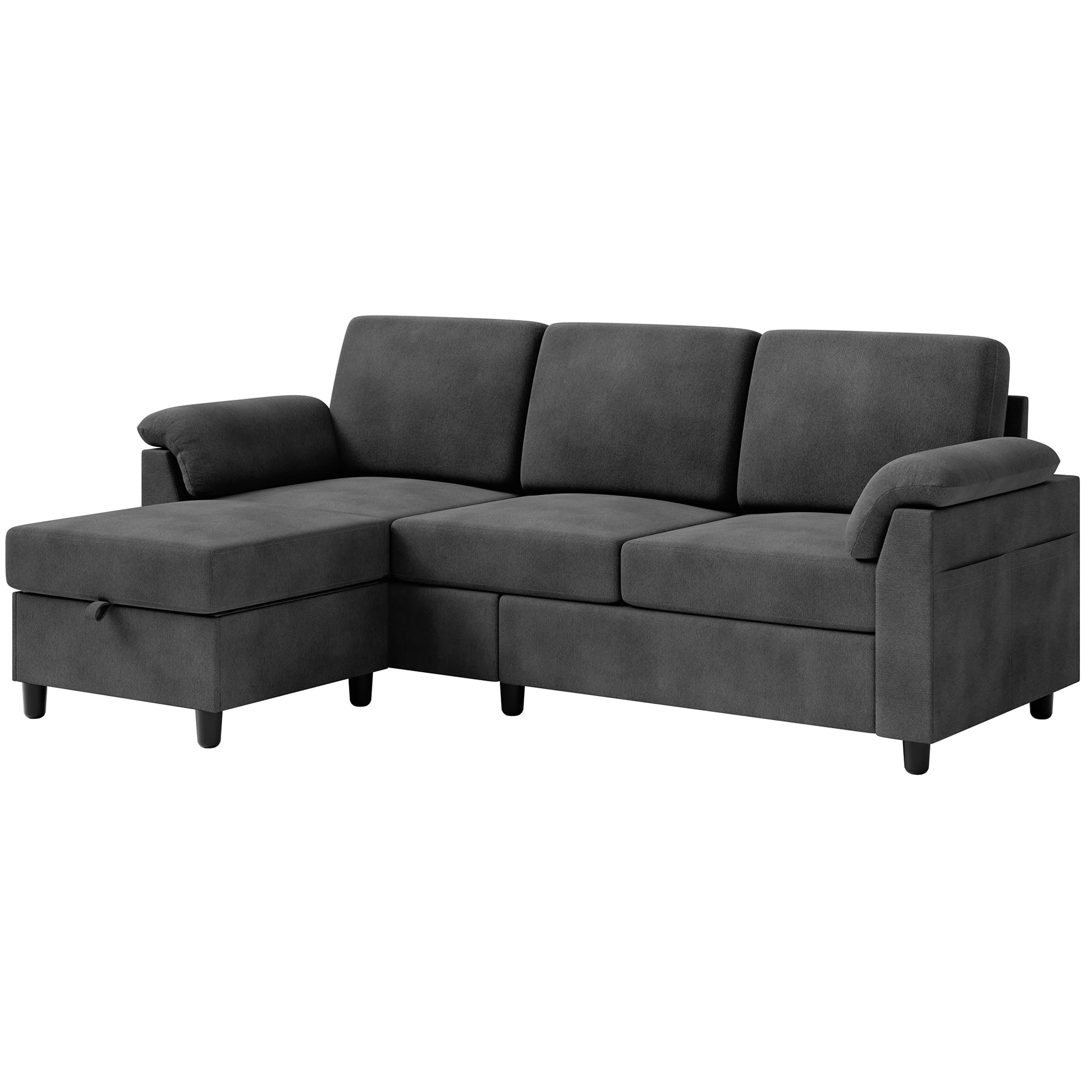 Vongrasig Convertible Sectional Couch - 3-Seat L-Shaped Sofa with Removable Pillows, Mid-Century Modern Linen Fabric Small Couch for Living Room, Apartment & Office (BK) | Perfect for Small Spaces, Movie Nights & Cozy Gatherings