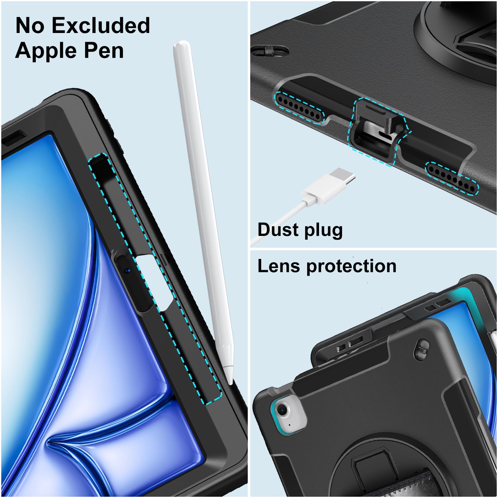 Miesherk iPad Air 11 Inch M3 2025 (7th Gen) & iPad Air 6th/5th Gen 2024 Case with Built-in Screen Protector, 360° Rotating Stand, Pencil Holder & Adjustable Shoulder Strap - Perfect for Work, Travel & School Use