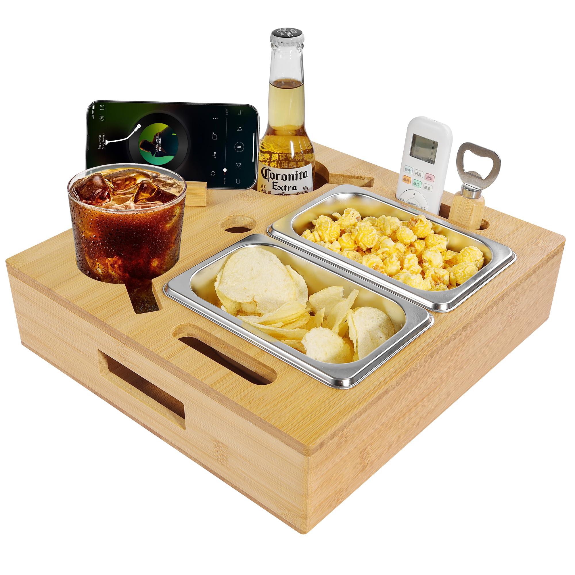 IKER Wooden Couch Cup Holder & Snack Tray - Rotatable Phone Stand, Anti-Spill Drink Holder for Sofa, Bed, Car - Perfect for Movie Nights, Road Trips & Relaxing with Snacks & Drinks