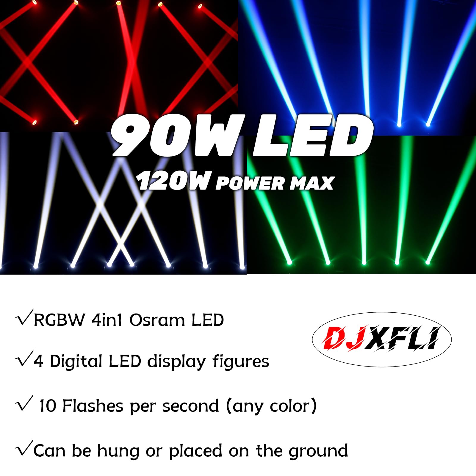 90W LED Moving Head DJ Lights - Mini Beam Stage Lights with Sound Activation, RGBW 4-in-1 Super Bright Spotlight & DMX Control - Perfect for Wedding, DJ Party, Club, Stage Lighting and Live Events