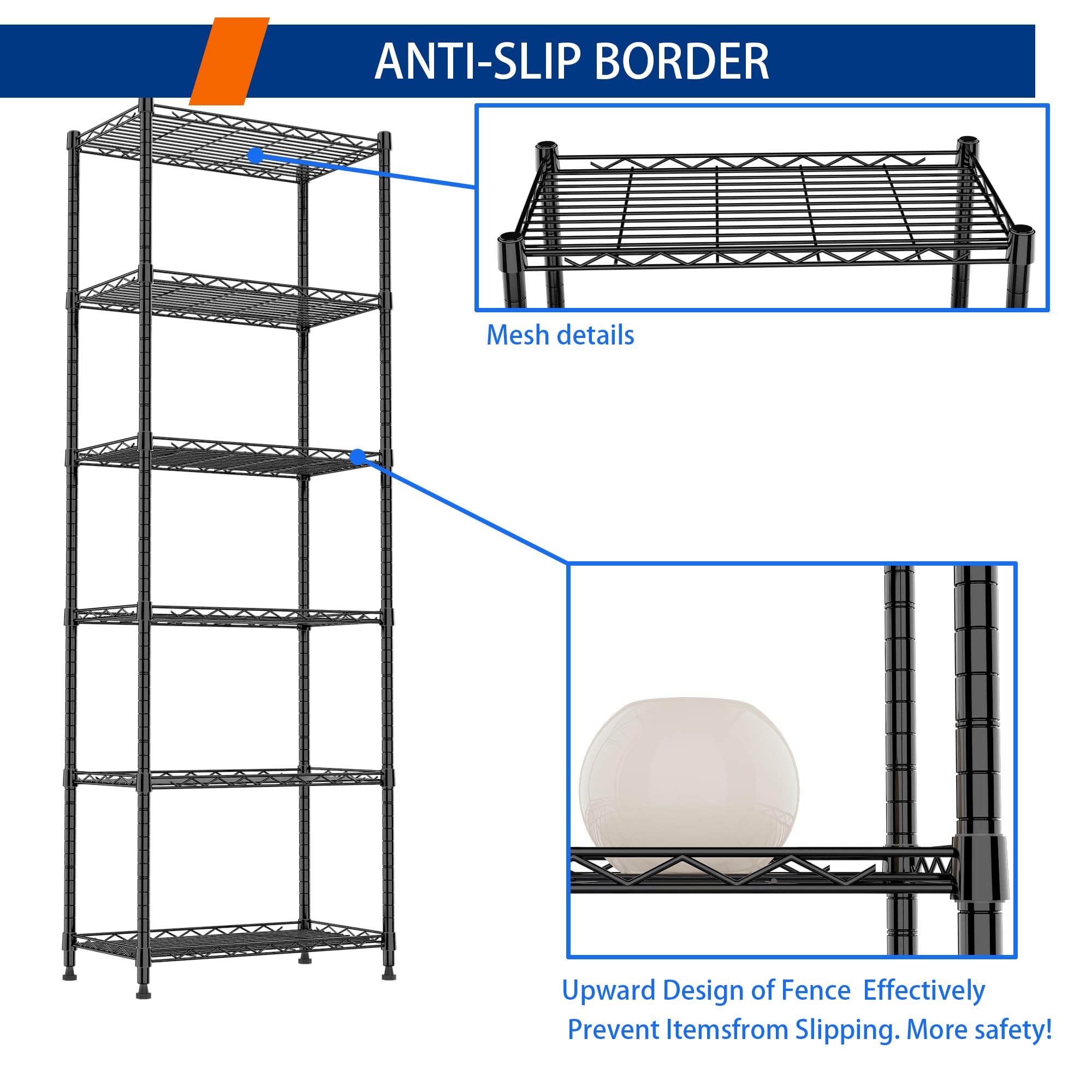 REGILLER 6-Tier Heavy Duty Steel Wire Shelving Unit - Adjustable Storage Rack for Laundry Room, Bathroom, Kitchen, Pantry & Closet Organization (Black, 11.7