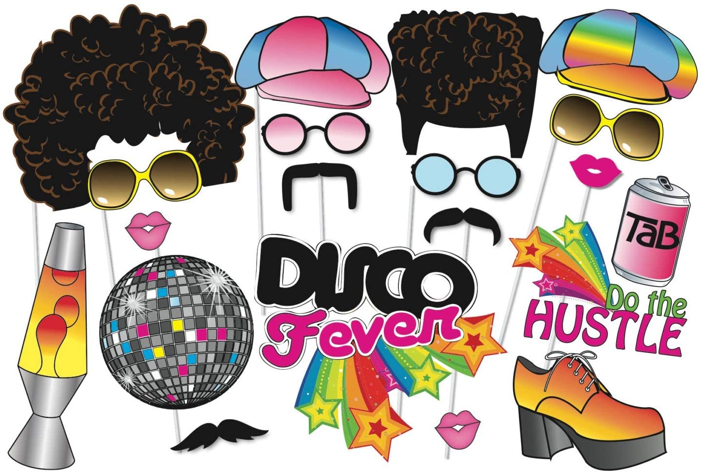 Vintage 70s Disco Photo Booth Props Set - 20 Piece Hippie Party Decorations with Wooden Sticks for 1970s Theme Parties, Disco Fever & Woodstock Events | Perfect for Retro Parties, Birthday Celebrations & Themed Photo Booths