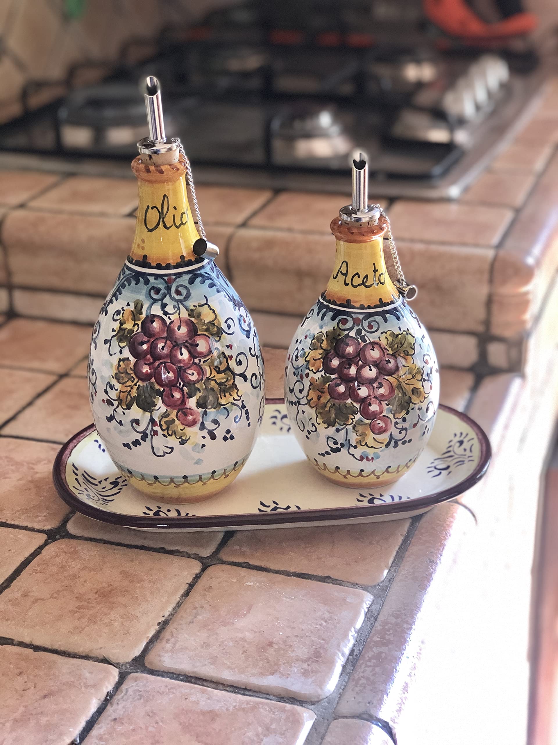 Italian Hand-Painted Ceramic Oil & Vinegar Cruet Set - Tuscan Grape Design from Montalcino, Italy | Perfect for Kitchen Decor, Gourmet Cooking & Italian-Themed Dinner Parties