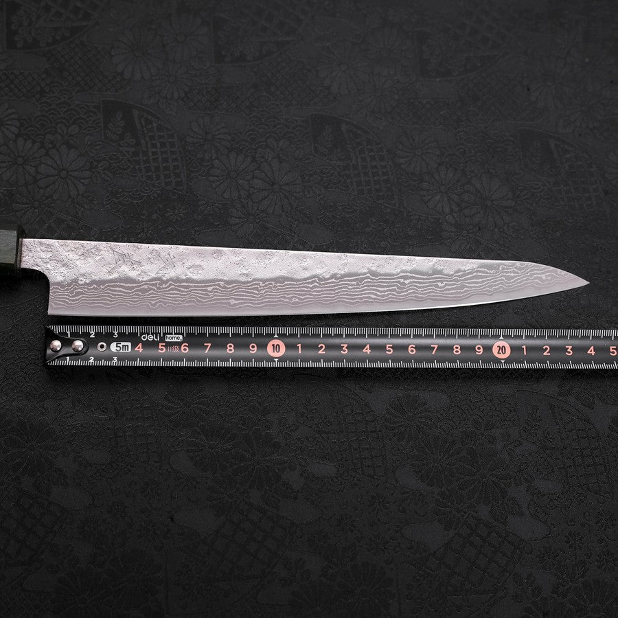 Premium AUS 10 Steel Sujihiki Knife 240mm - Nashiji Damascus Pattern with Green Urushi Handle - Perfect for Sushi, Sashimi & Japanese Cuisine Preparation
