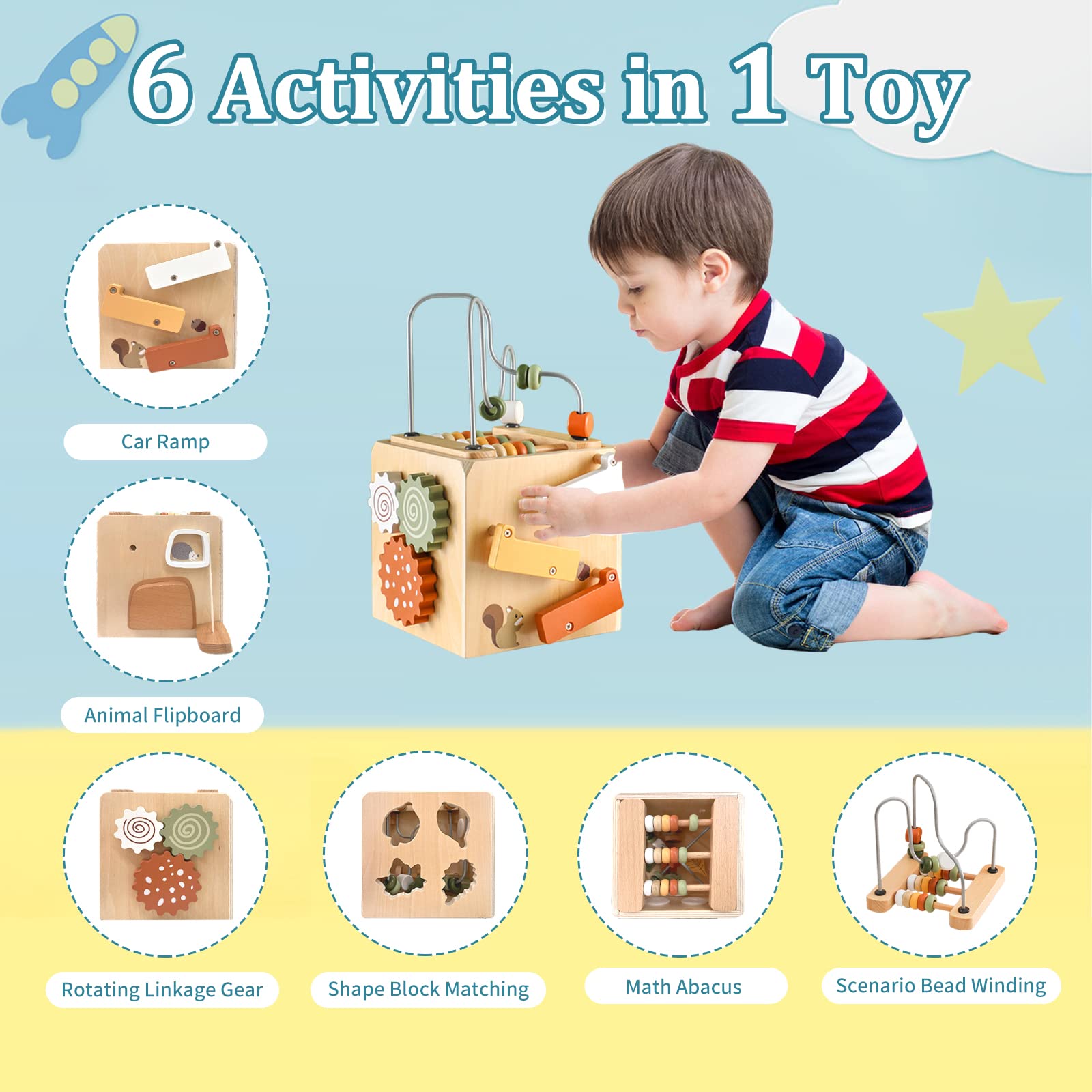 6-in-1 Wooden Montessori Busy Cube Activity Center - Sensory Bead Maze & Shape Sorter Learning Toy for 1 Year Old Toddlers - Perfect First Birthday Gift for Boys & Girls | Educational Play for Home, Daycare & Travel