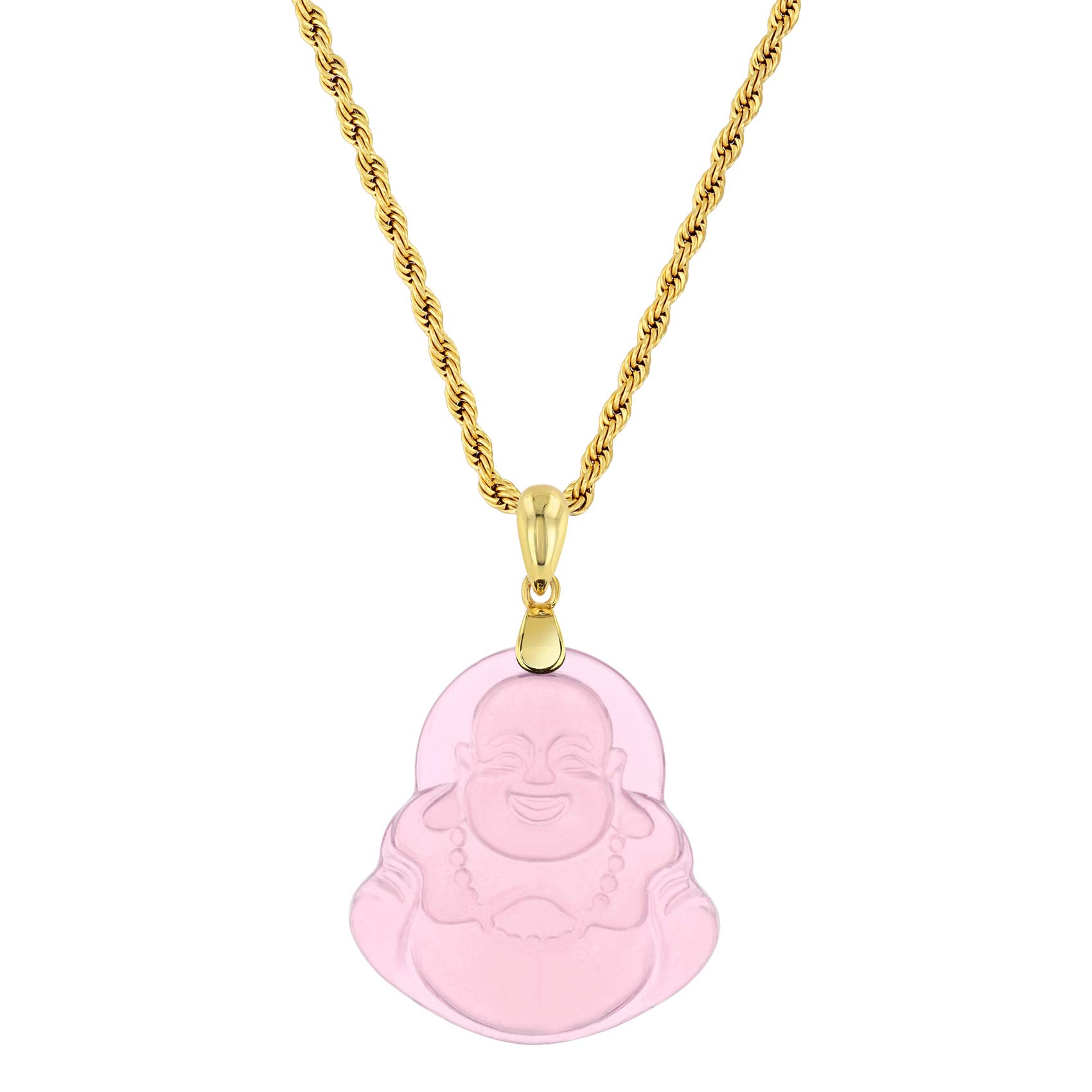 Genuine Certified Grade A Pink Jadeite Laughing Buddha Pendant Necklace - Handcrafted 14k Gold Finish Rope Chain - Men's Spiritual Jewelry for Meditation, Gifts & Positive Energy